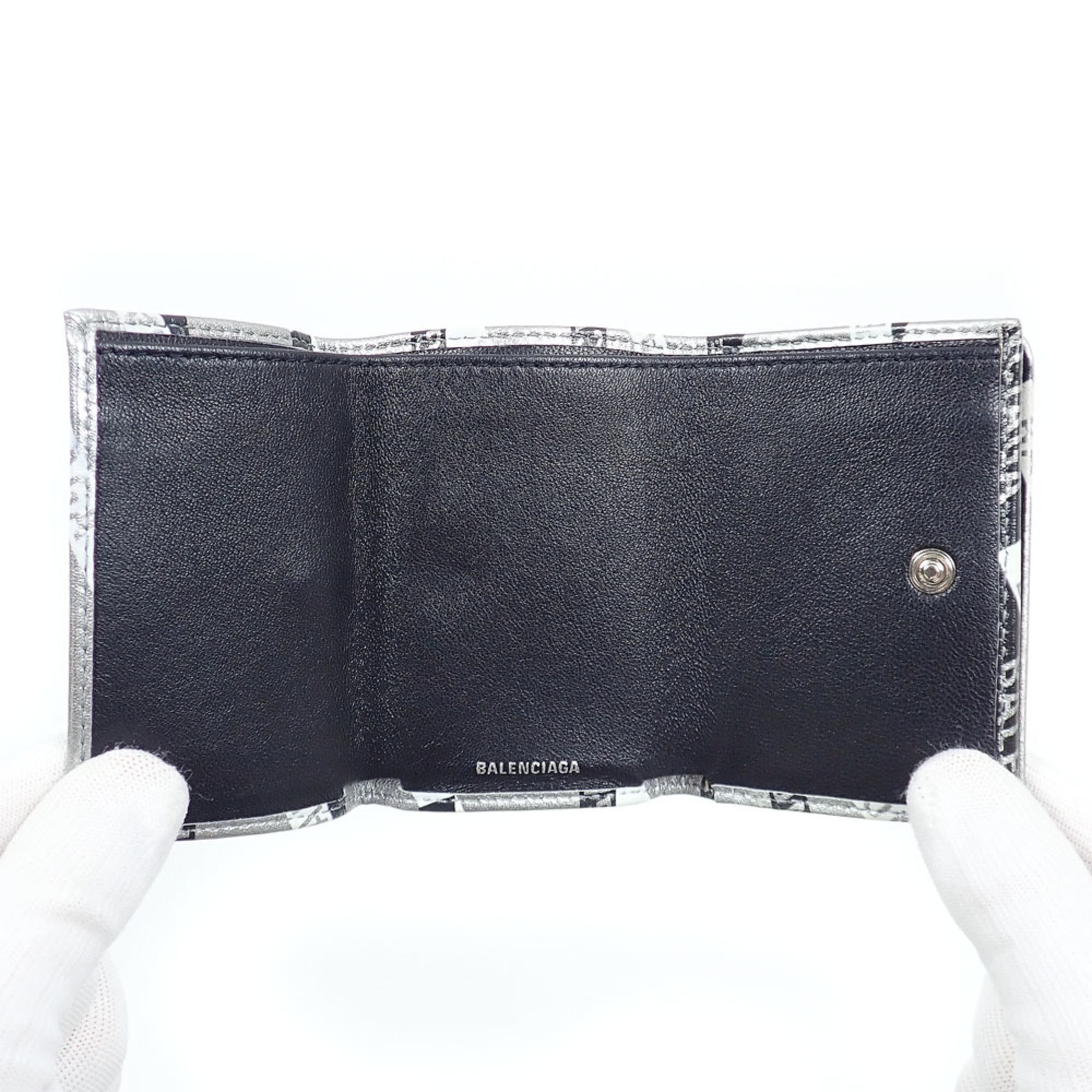 Balenciaga Silver Black Leather Wallet (Tri-Fold) (Pre-Owned)