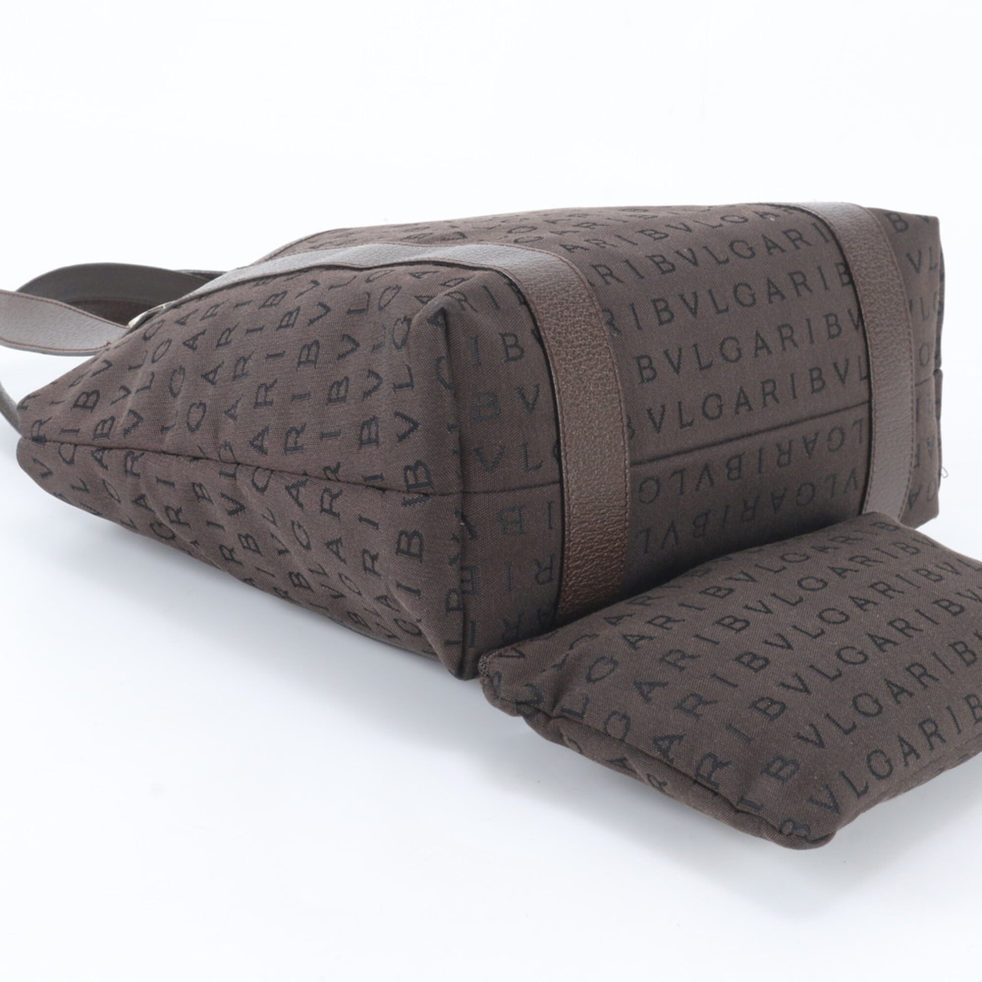 Bvlgari Logomania Brown Leather Canvas Handbag Tote Bag (Pre-Owned)