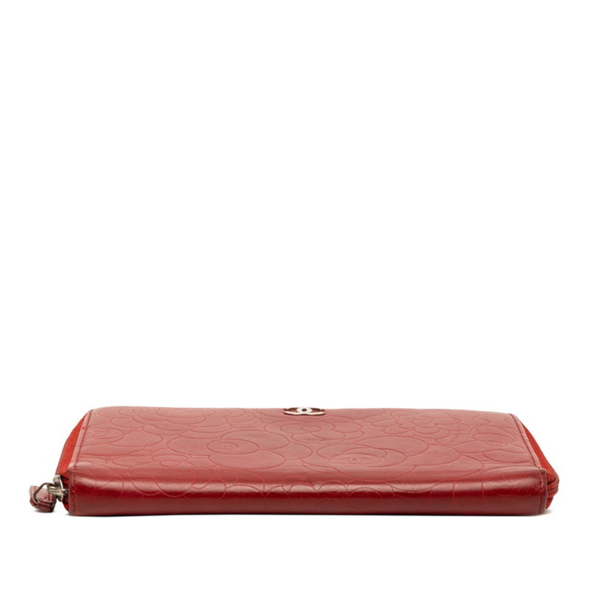 Chanel Red Color Leather Long Wallet (Bi-Fold) (Pre-Owned)