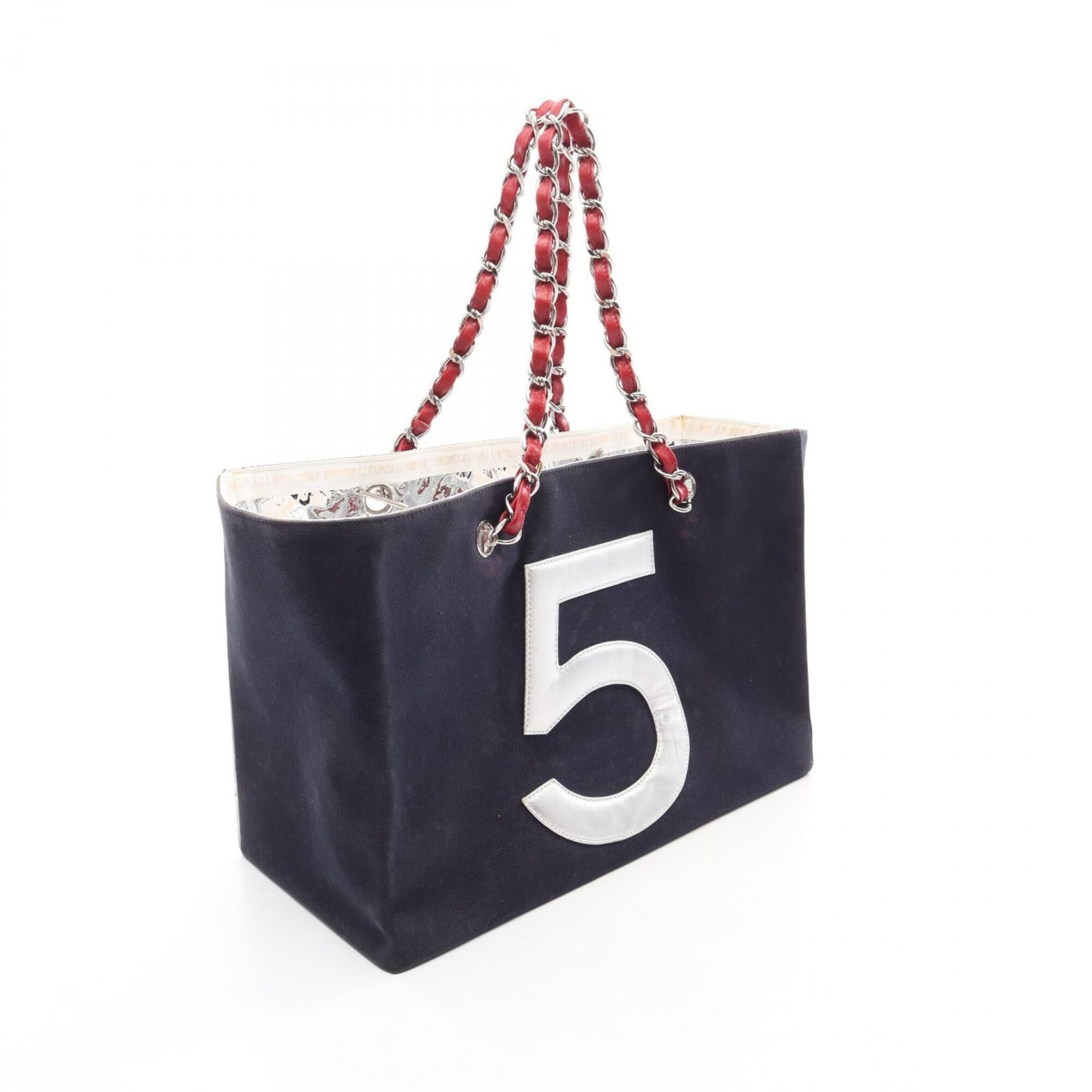 Chanel Navy Red Color Silver Canvas Leather Handbag Tote Bag (Pre-Owned)