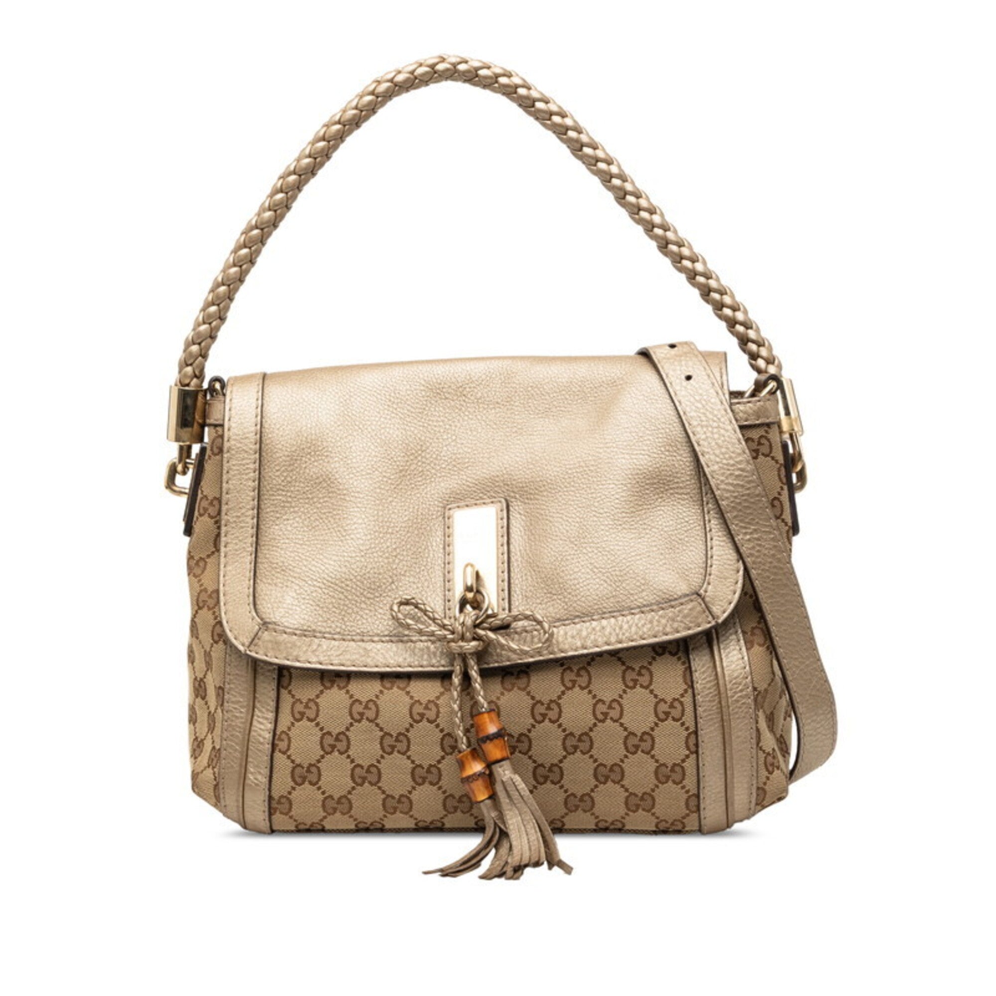 Gucci Beige Gold Canvas Leather Handbag Shoulder Bag (Pre-Owned)
