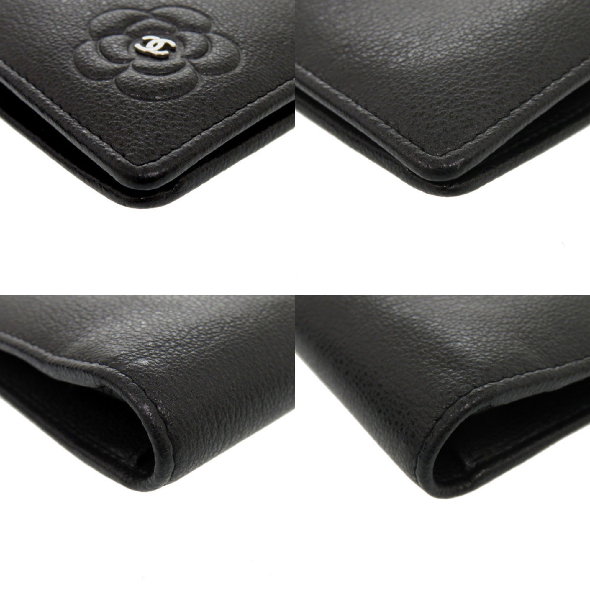 Chanel Camellia Black Leather Long Wallet (Bi-Fold) (Pre-Owned)