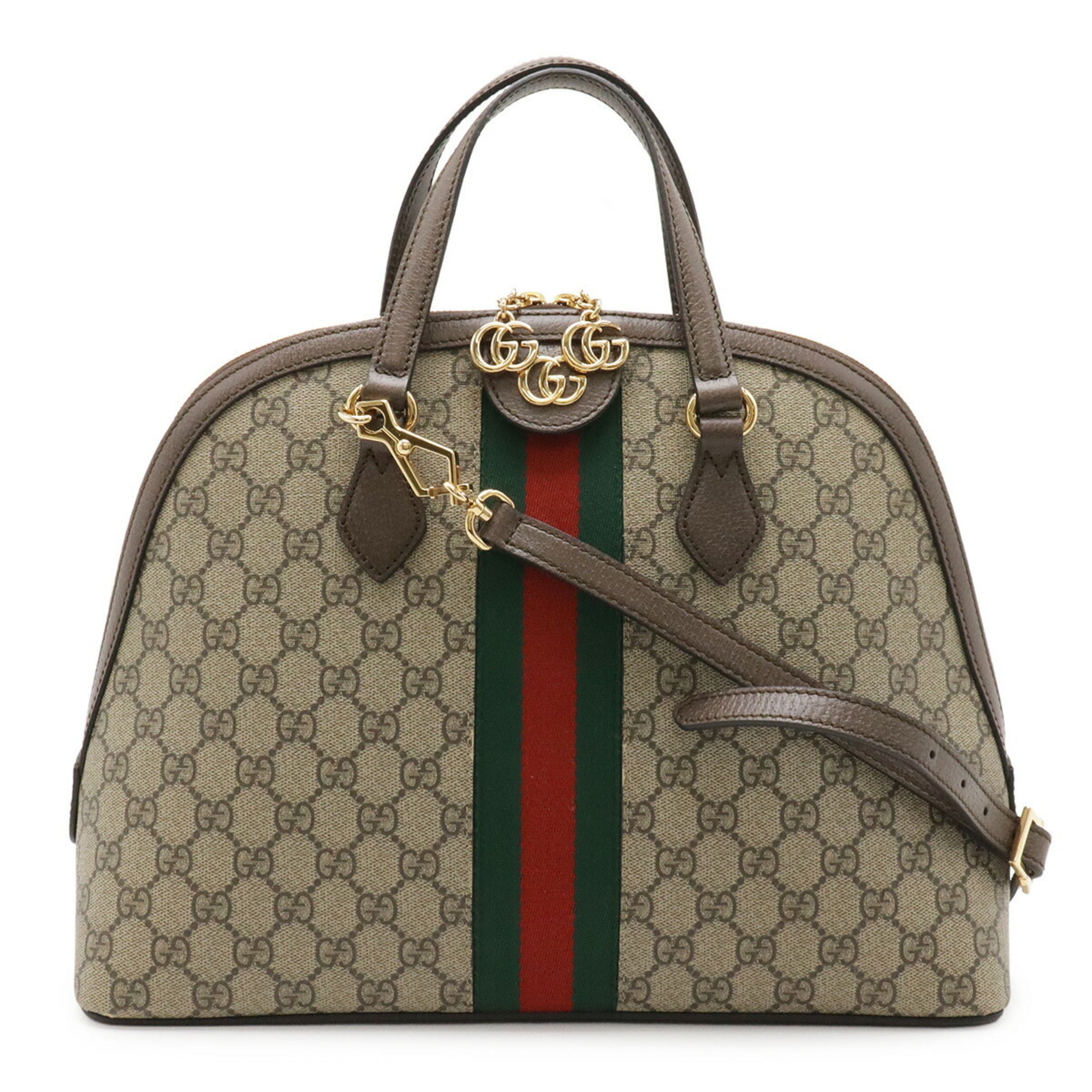 Gucci Beige Dark Brown Green Red Color Gg Supreme Canvas Leather Handbag Shoulder Bag (Pre-Owned)