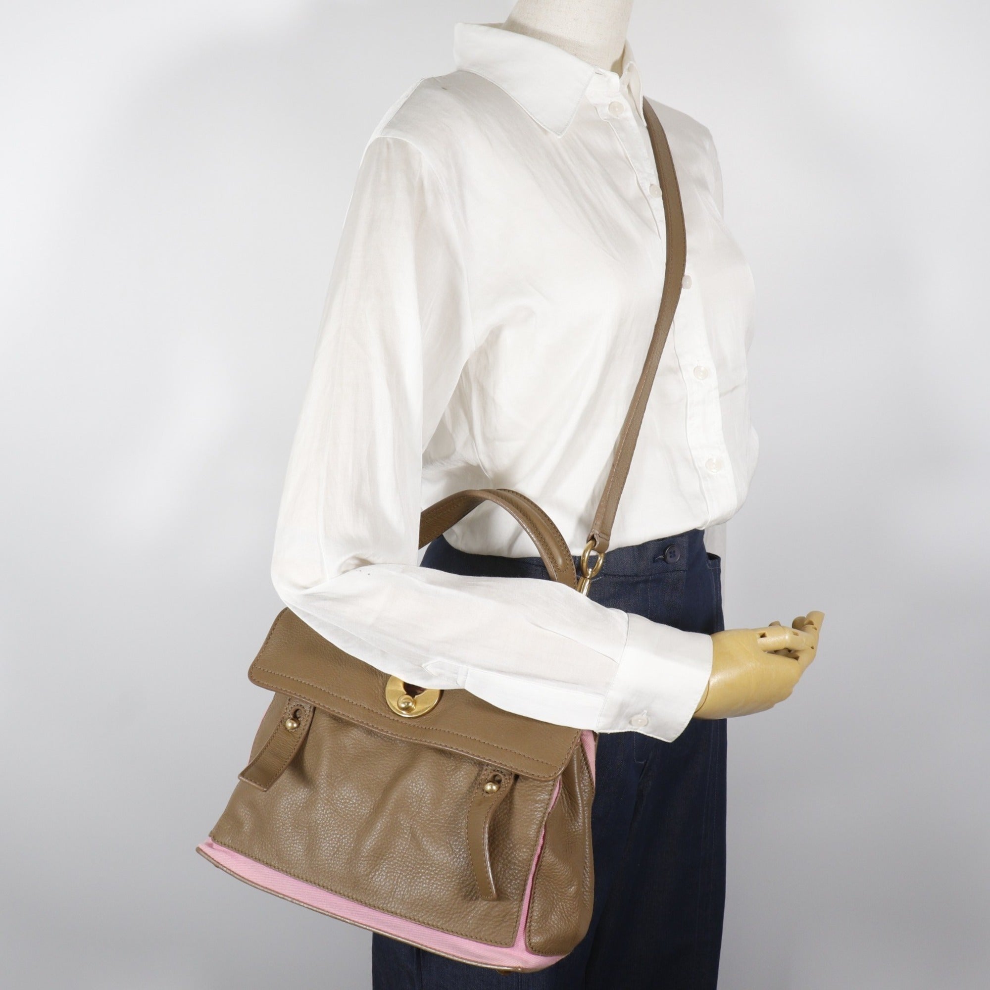 Yves Saint Laurent Brown Pink Leather Canvas Handbag (Pre-Owned)