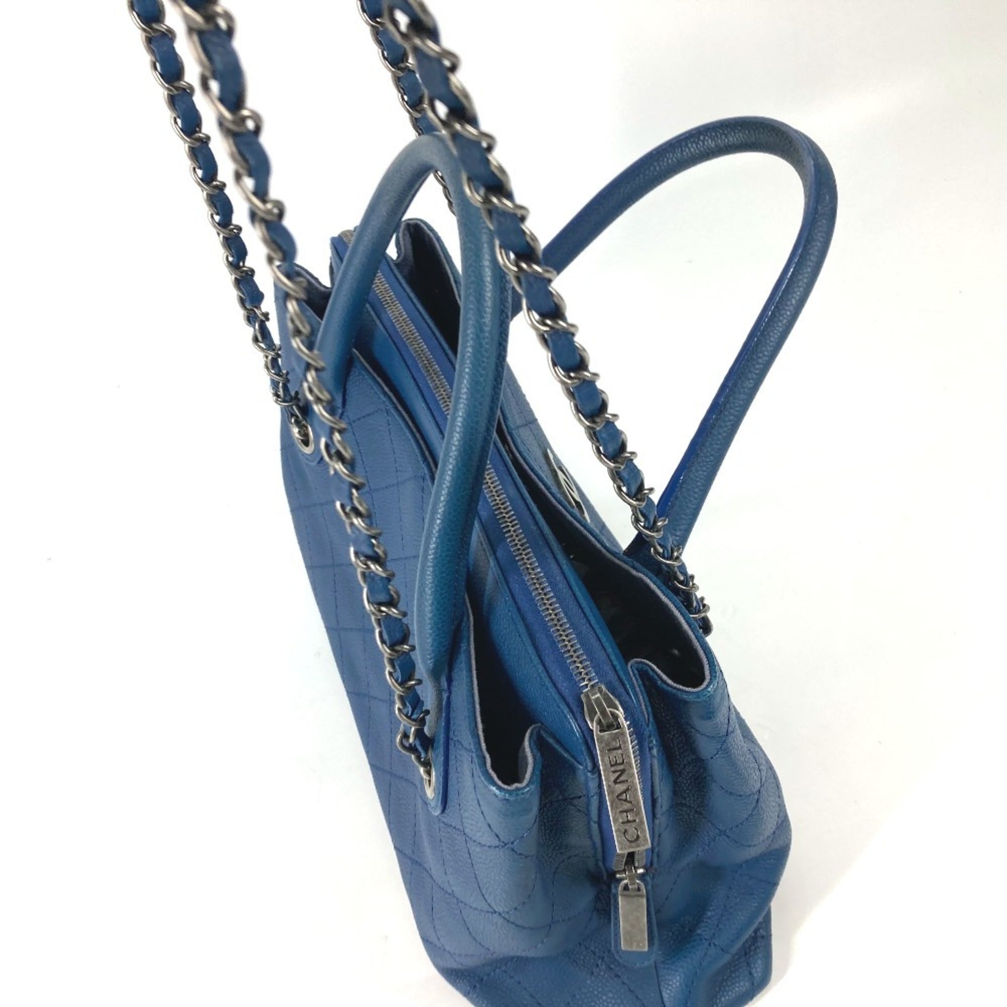 Chanel Blue Caviar Leather Handbag Shoulder Bag Tote Bag (Pre-Owned)