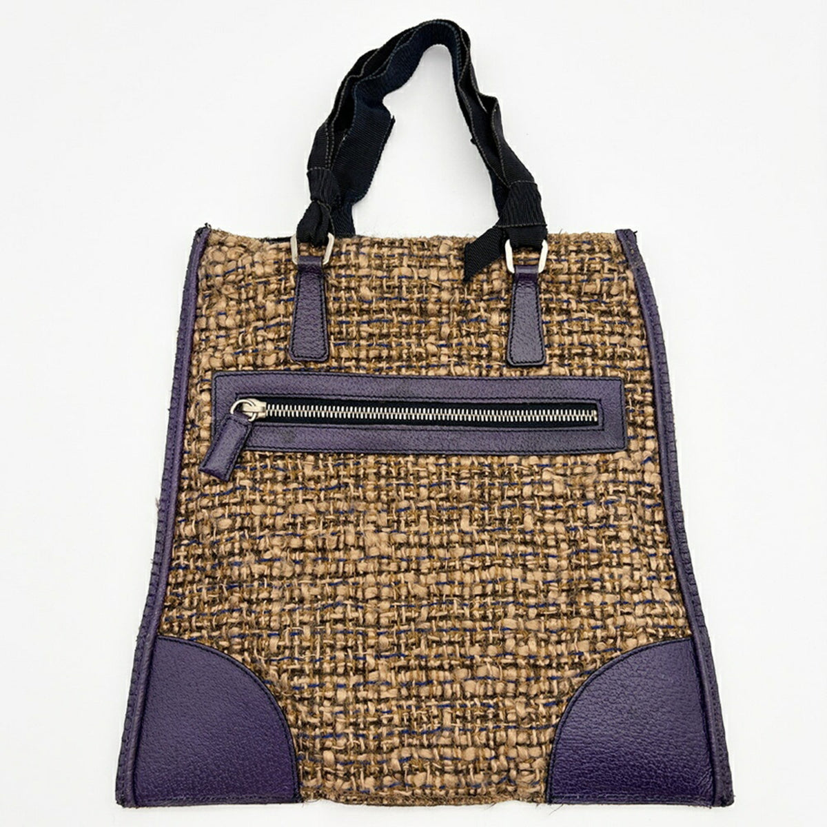 Prada Brown Purple Wool Leather Tote Bag (Pre-Owned)