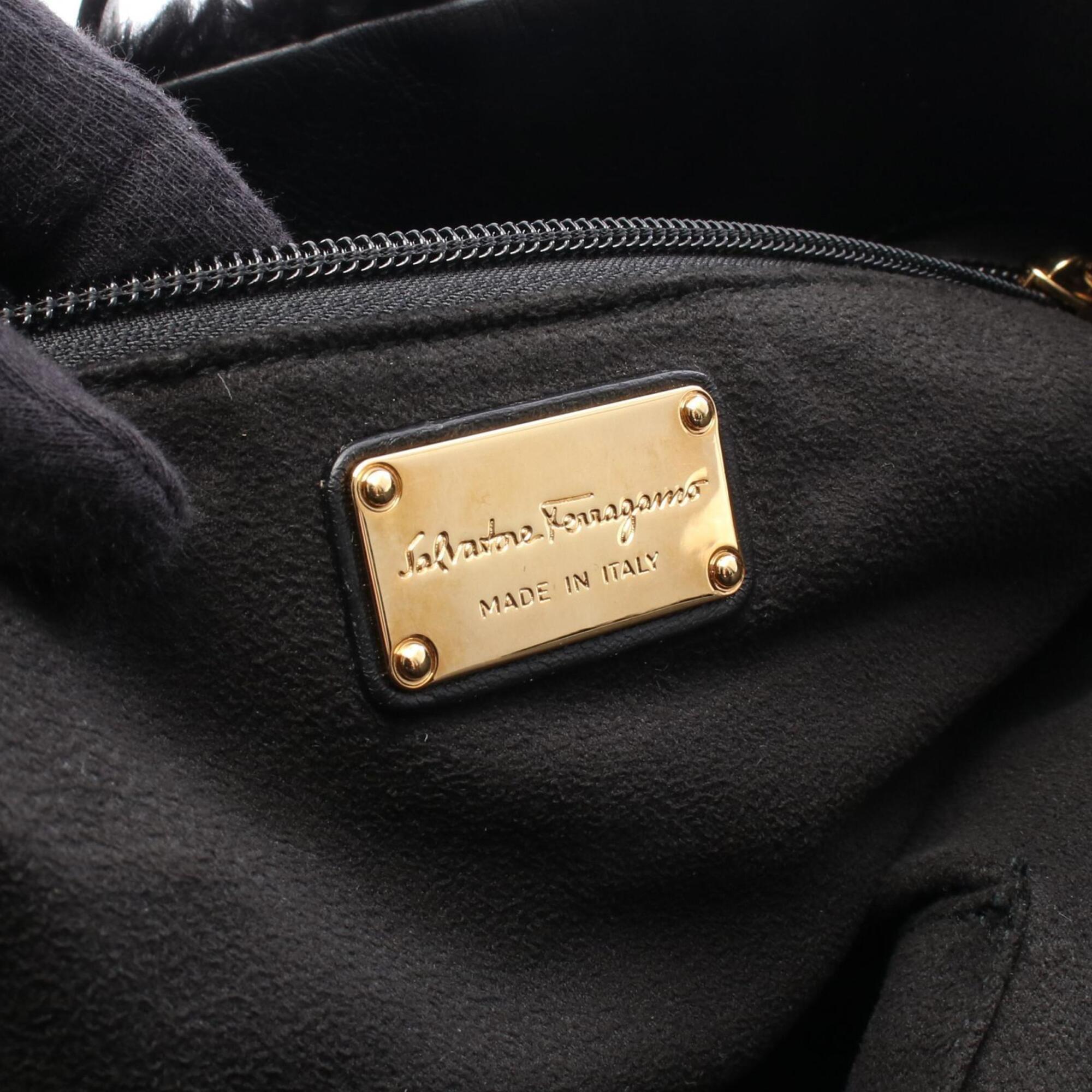 Salvatore Ferragamo Black Leather Fur Handbag Tote Bag (Pre-Owned)