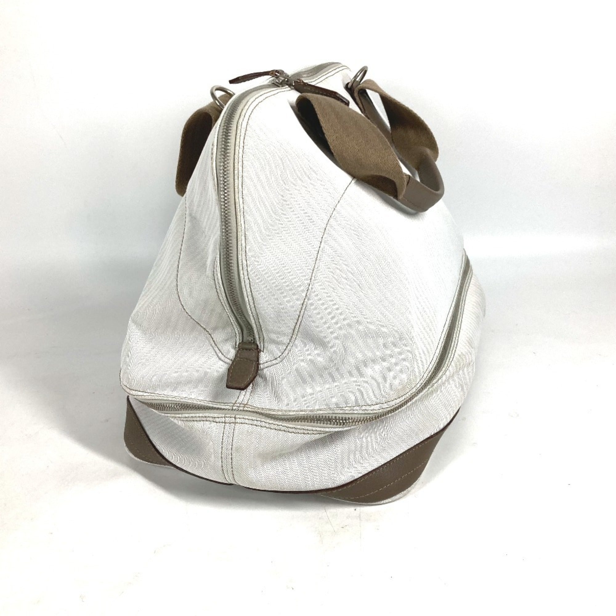 Hermes Beige Etoupe Gray White Toile Chevron Leather Boston Bag Handbag (Pre-Owned)