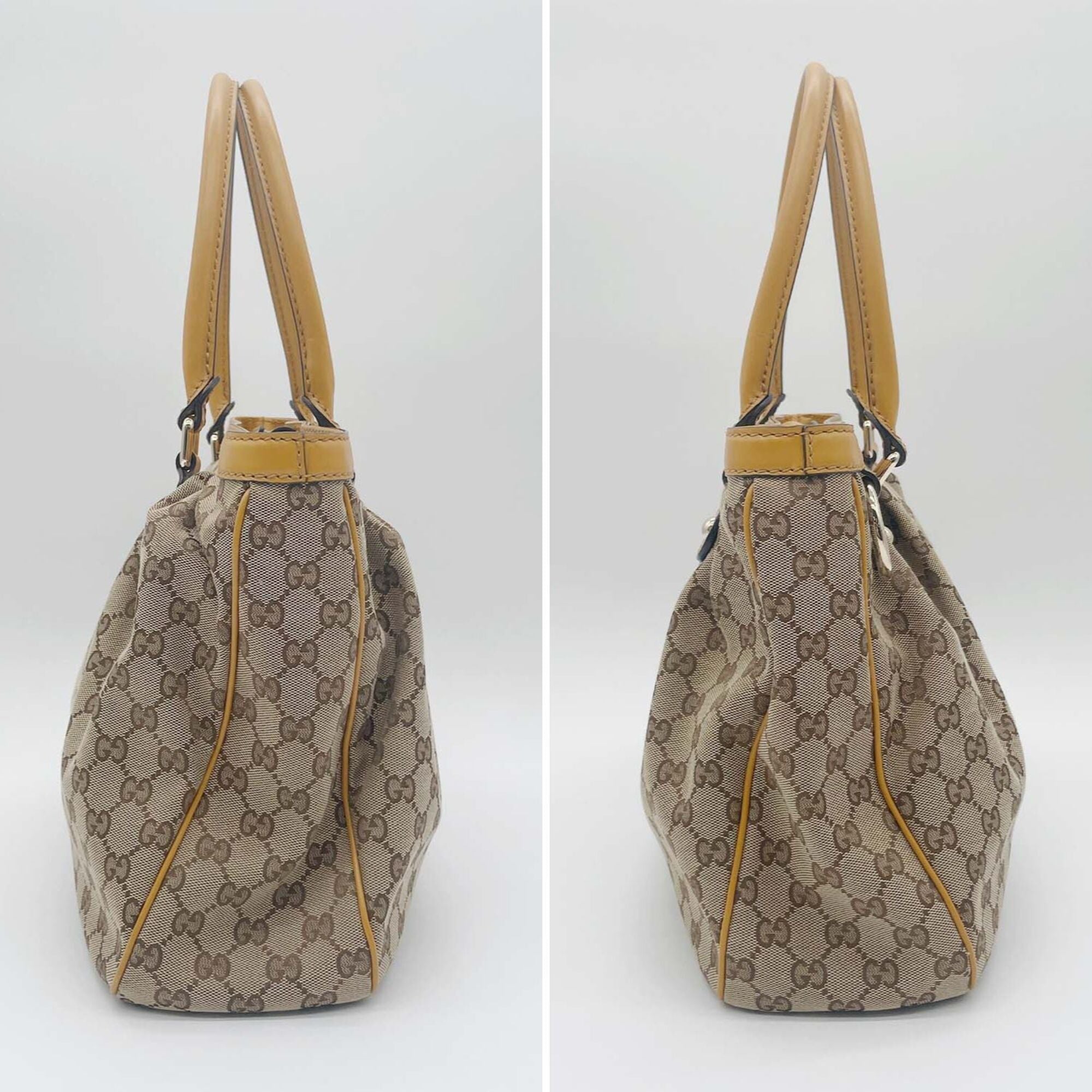 Gucci Brown Yellow Canvas Leather Handbag Tote Bag (Pre-Owned)