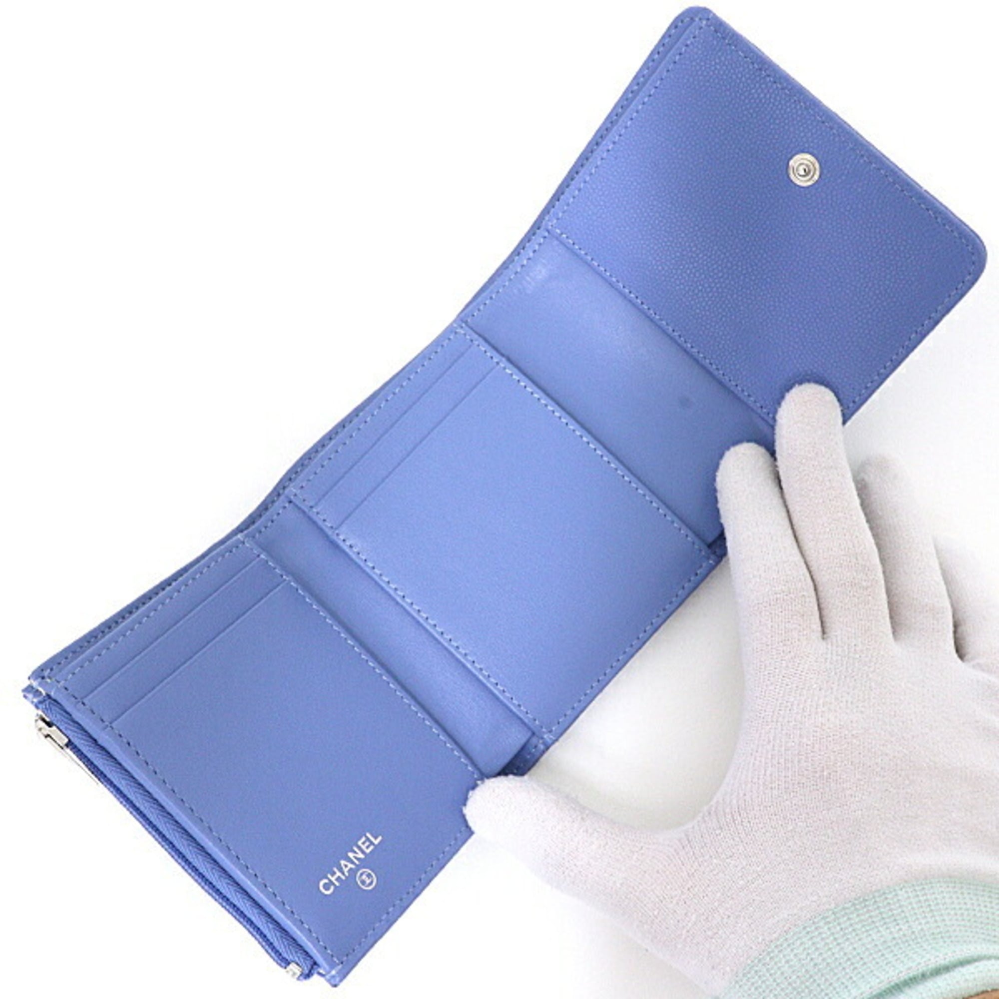 Chanel Matelasse Blue Grained Calfskin Wallet (Tri-Fold) (Pre-Owned)