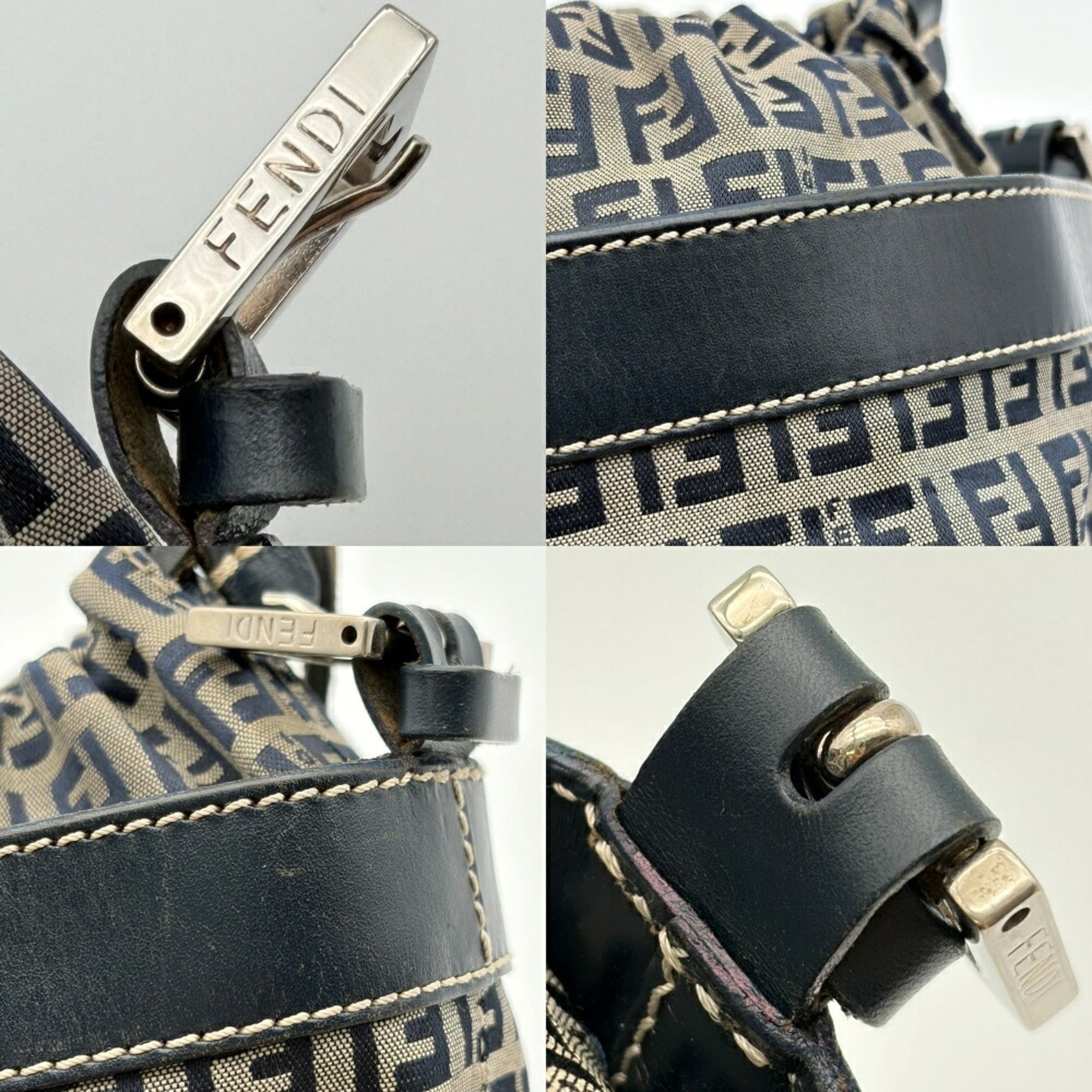 Fendi Zucca Navy Canvas Leather Shoulder Bag (Pre-Owned)