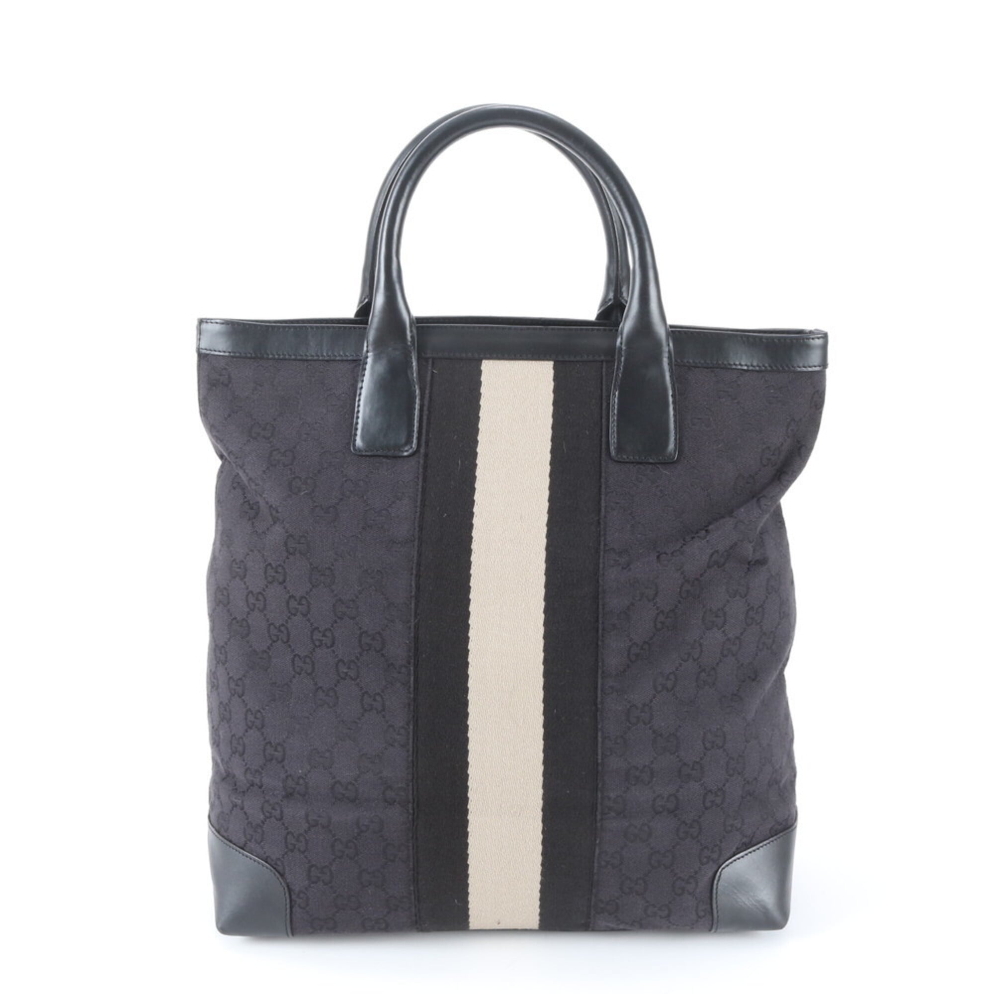 Gucci Beige Black Leather Canvas Shoulder Bag Tote Bag (Pre-Owned)