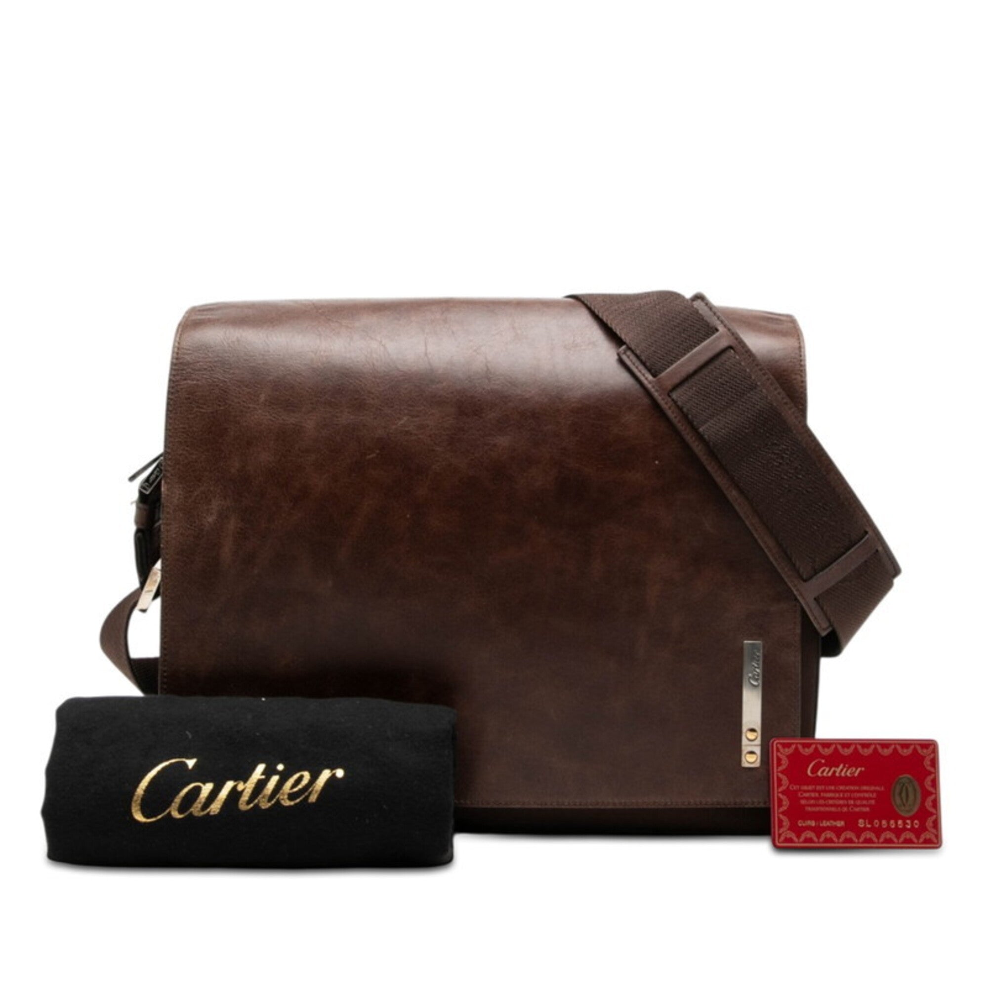 Cartier Brown Leather Messenger Bag Shoulder Bag (Pre-Owned)