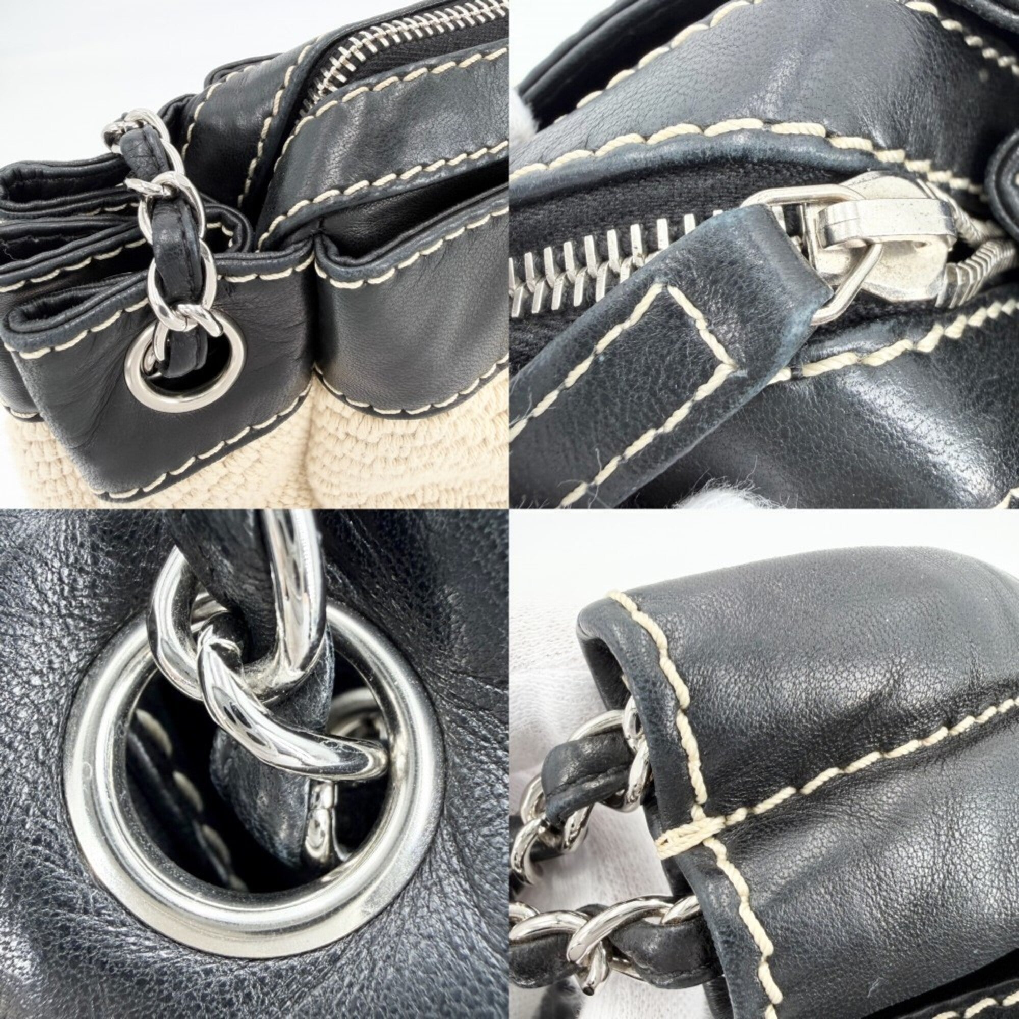 Chanel Beige Black Leather Canvas Handbag (Pre-Owned)