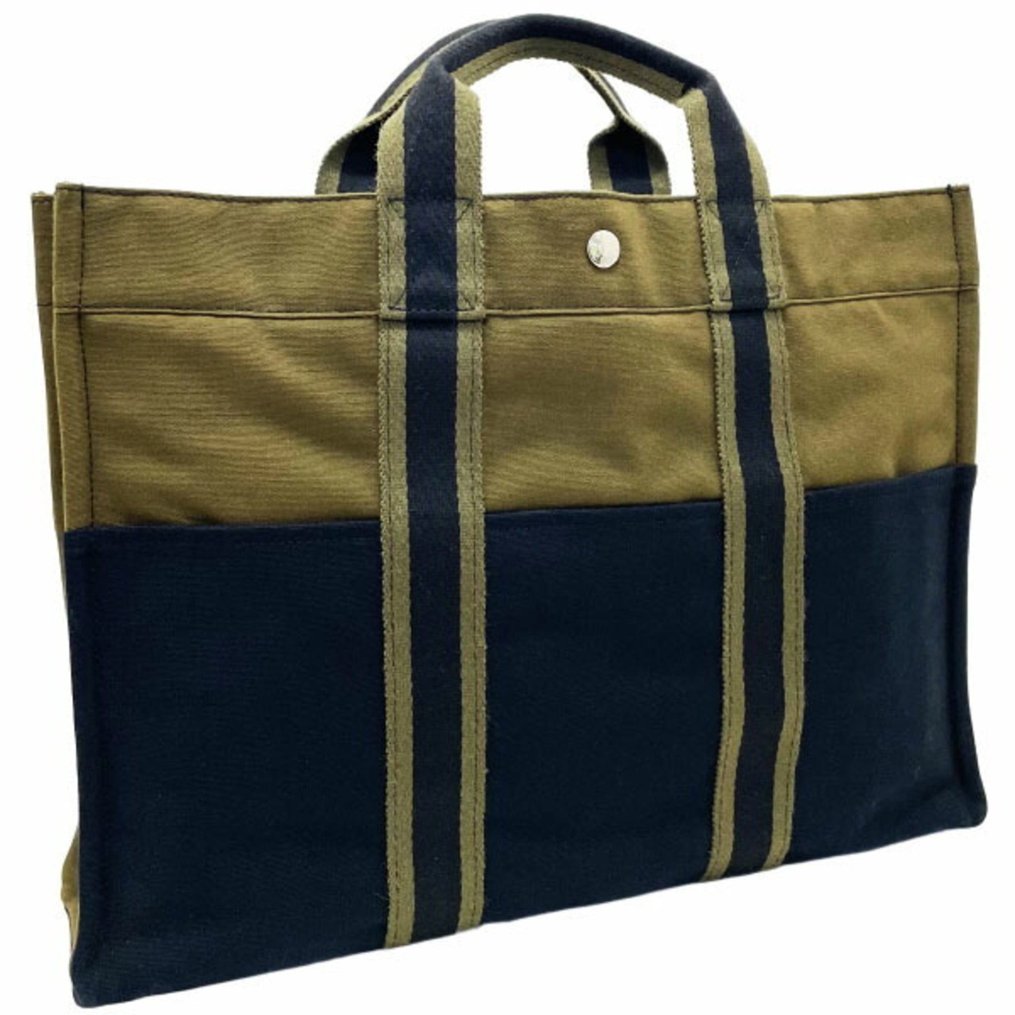 Hermes Black Green Khaki Canvas Handbag Tote Bag (Pre-Owned)
