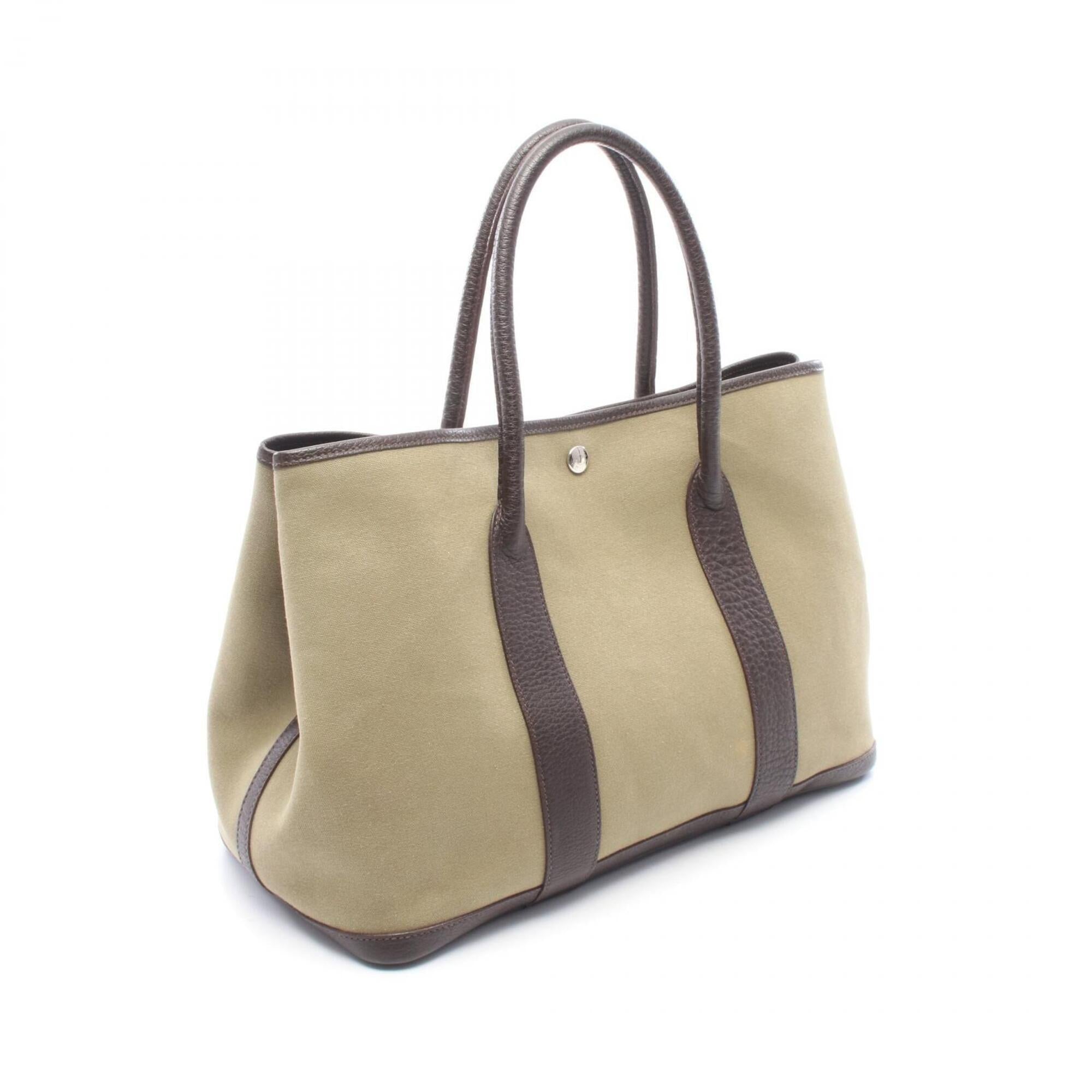 Hermes Brown Khaki Toile Officier Leather Handbag Tote Bag (Pre-Owned)