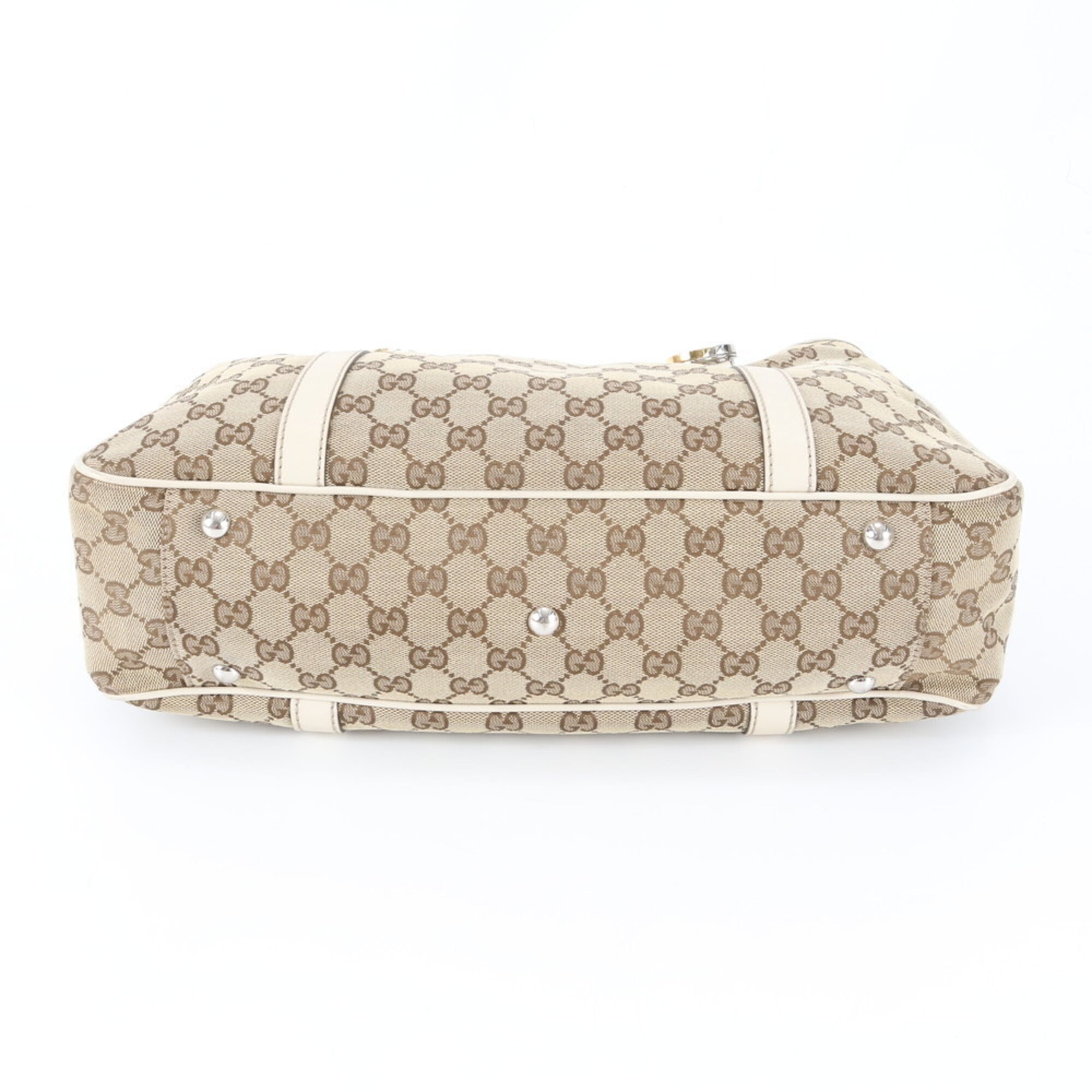 Gucci Beige White Leather Canvas Handbag Shoulder Bag Tote Bag (Pre-Owned)