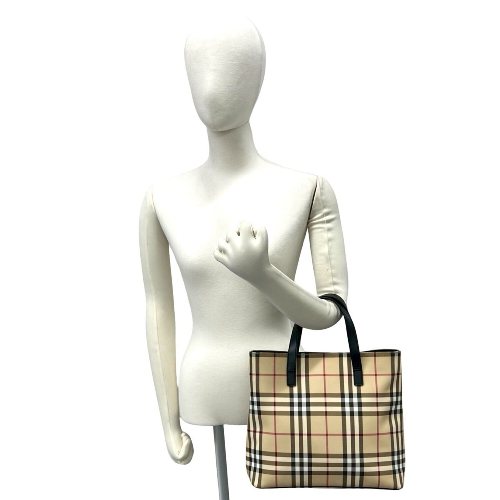 Burberry Beige Black Canvas Leather Handbag Tote Bag (Pre-Owned)