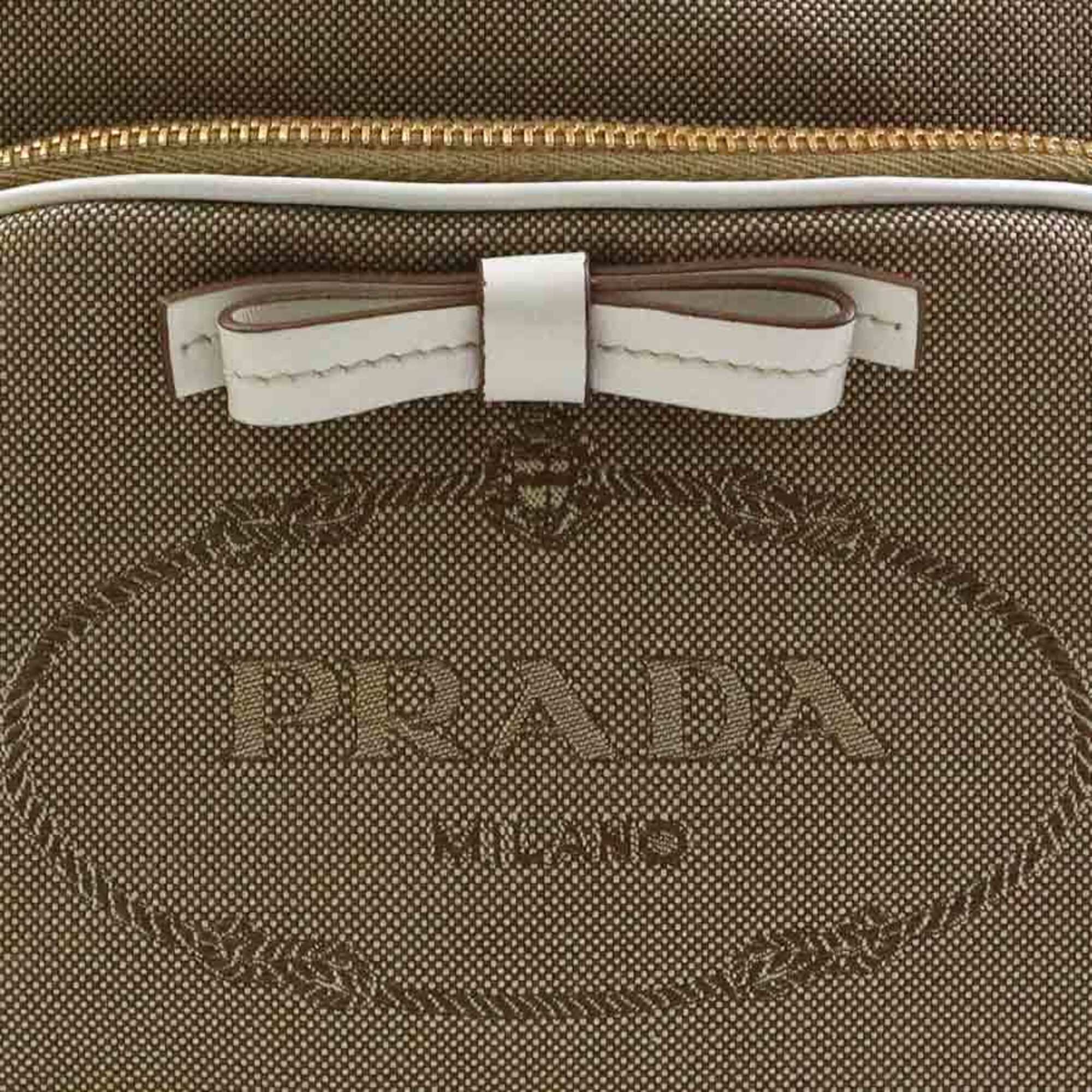 Prada Brown White Canvas Leather Handbag Shoulder Bag (Pre-Owned)