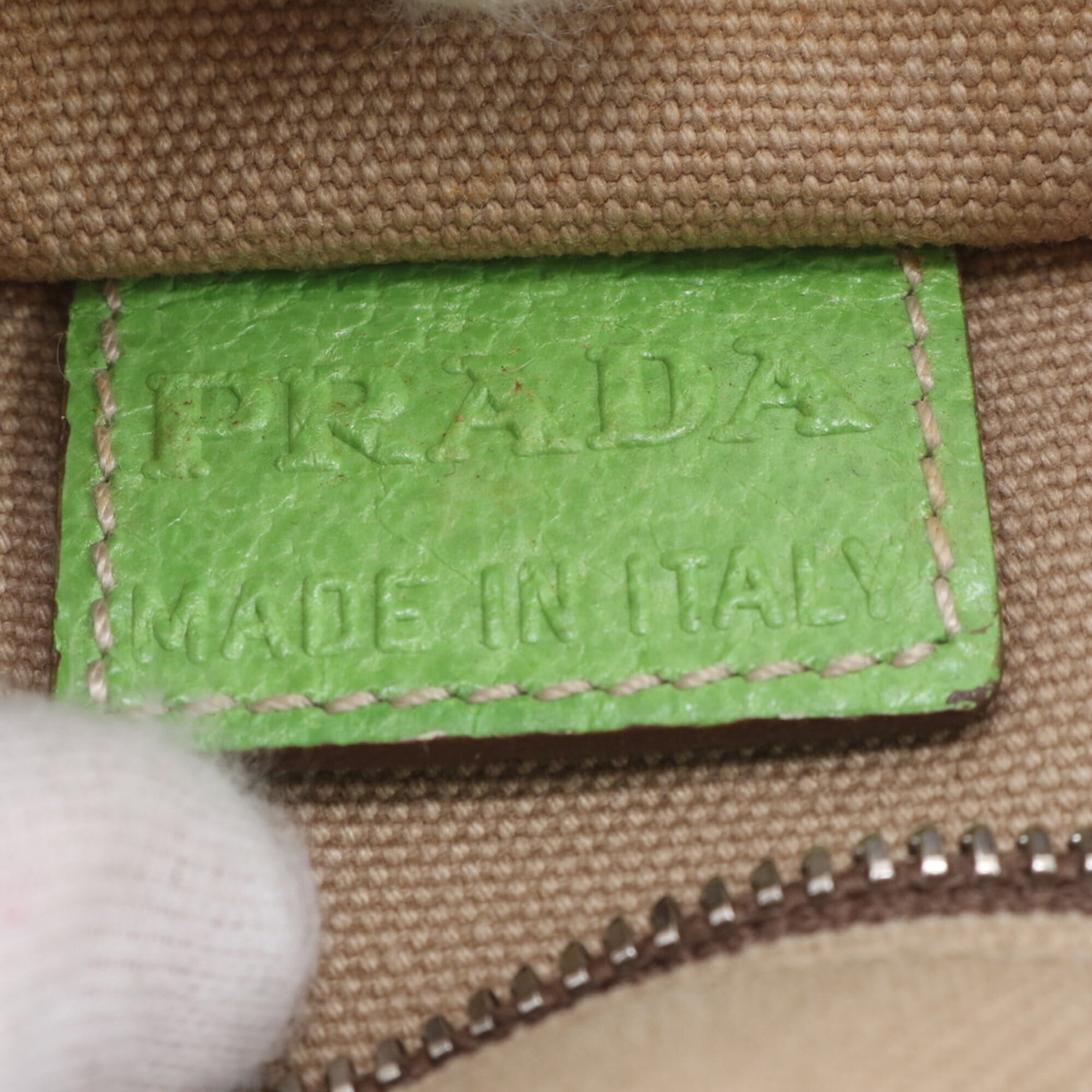 Prada Beige Green Canvas Leather Handbag Tote Bag (Pre-Owned)
