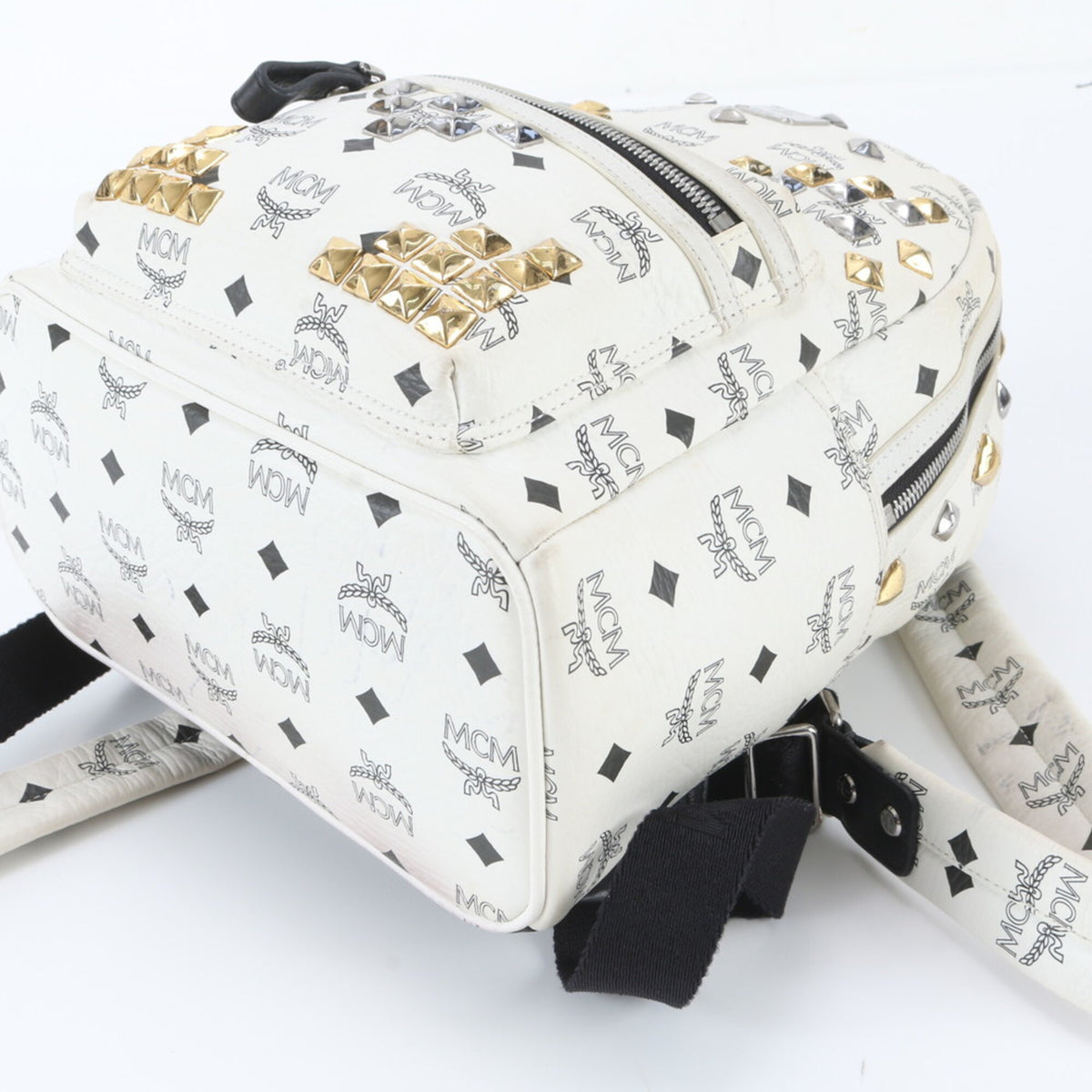 Mcm White Leather Coated Canvas Backpack Shoulder Bag (Pre-Owned)