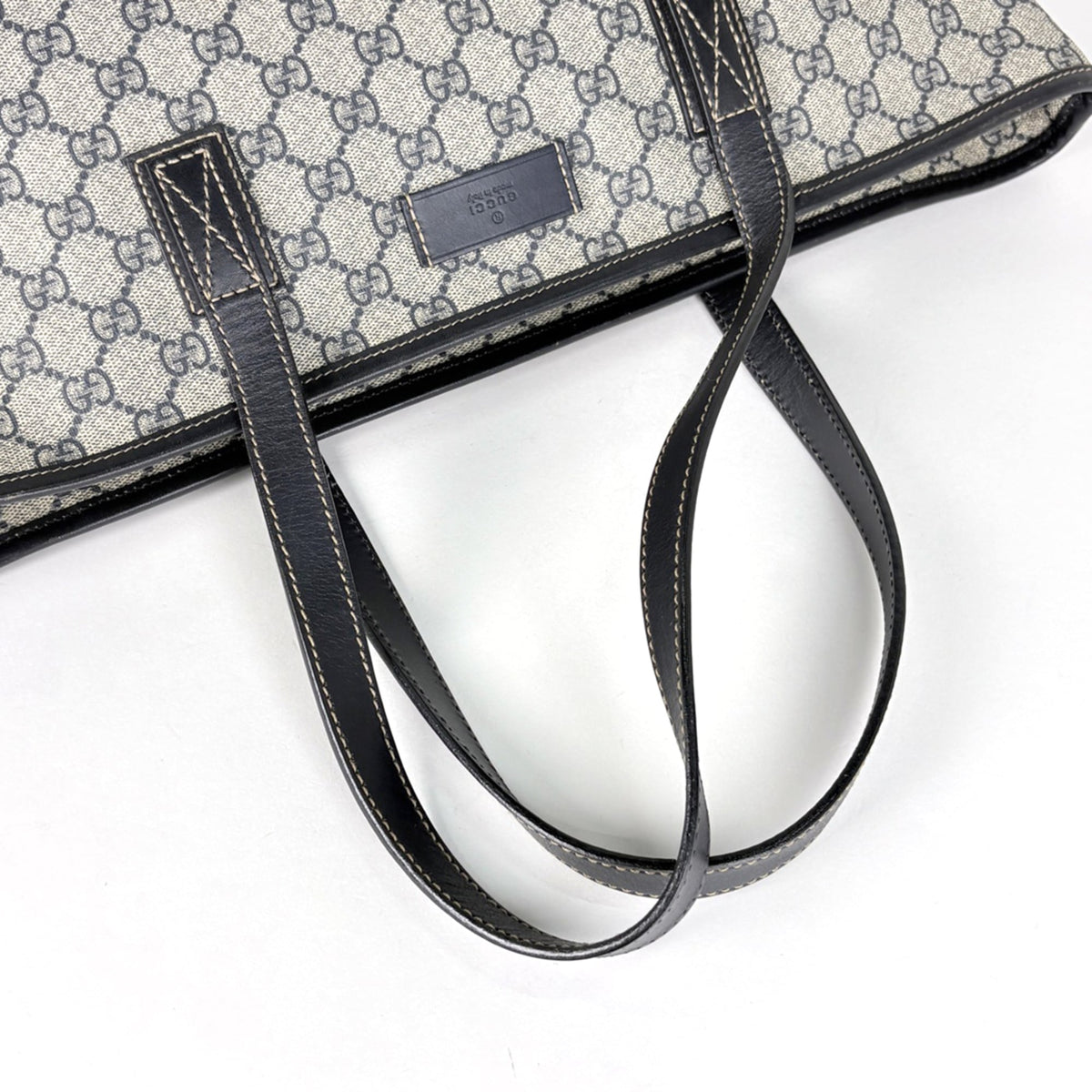 Gucci Beige Navy Coated Canvas Leather Tote Bag (Pre-Owned)