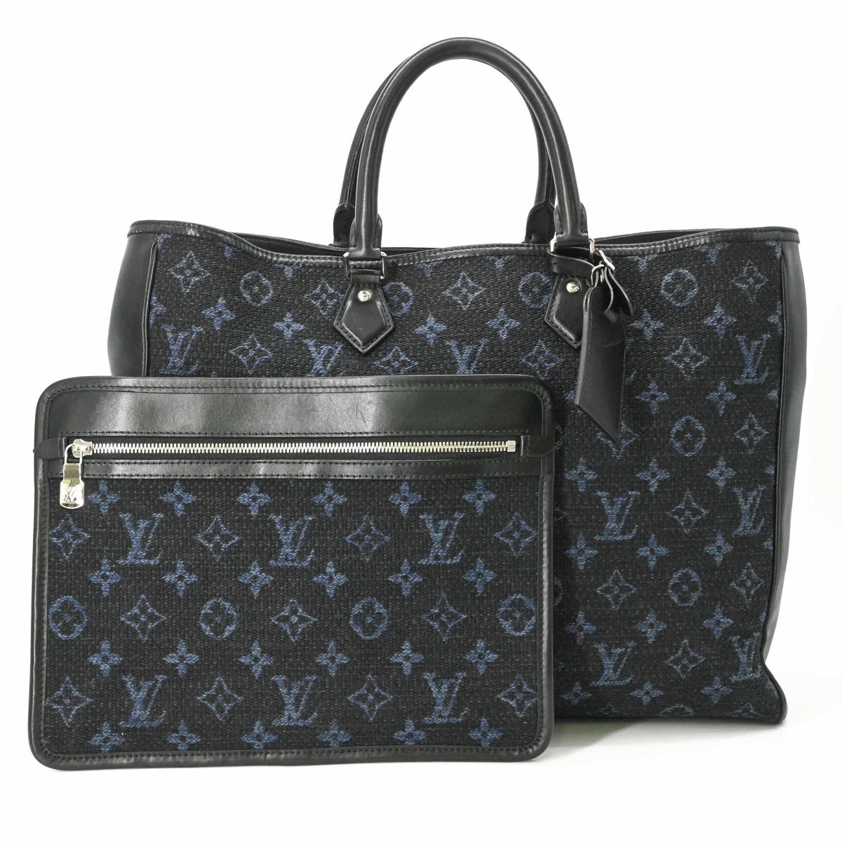 Louis Vuitton Black Navy Jacquard Leather Pouch Tote Bag (Pre-Owned)