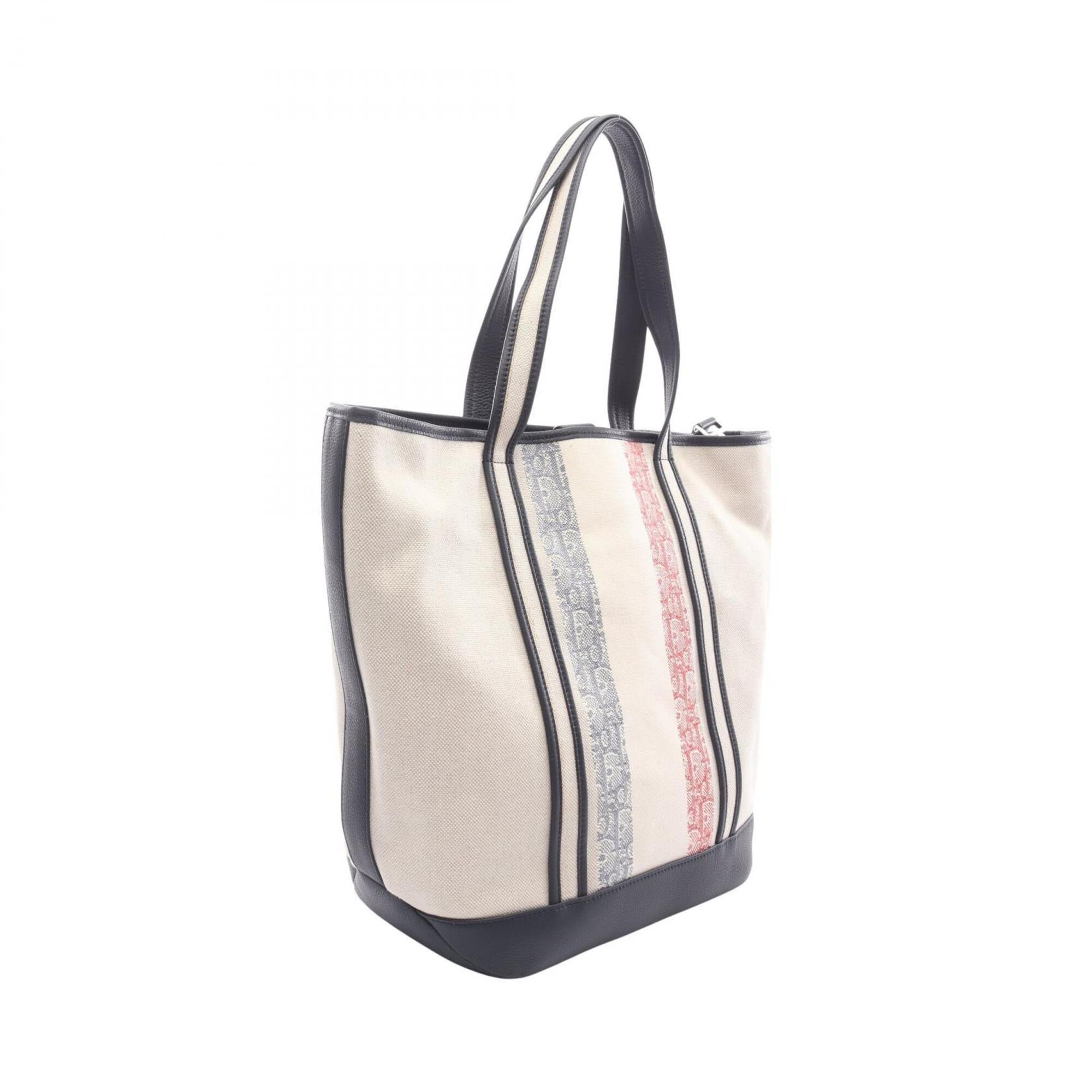 Christian Dior Ivory Navy Red Color Canvas Leather Handbag Tote Bag (Pre-Owned)