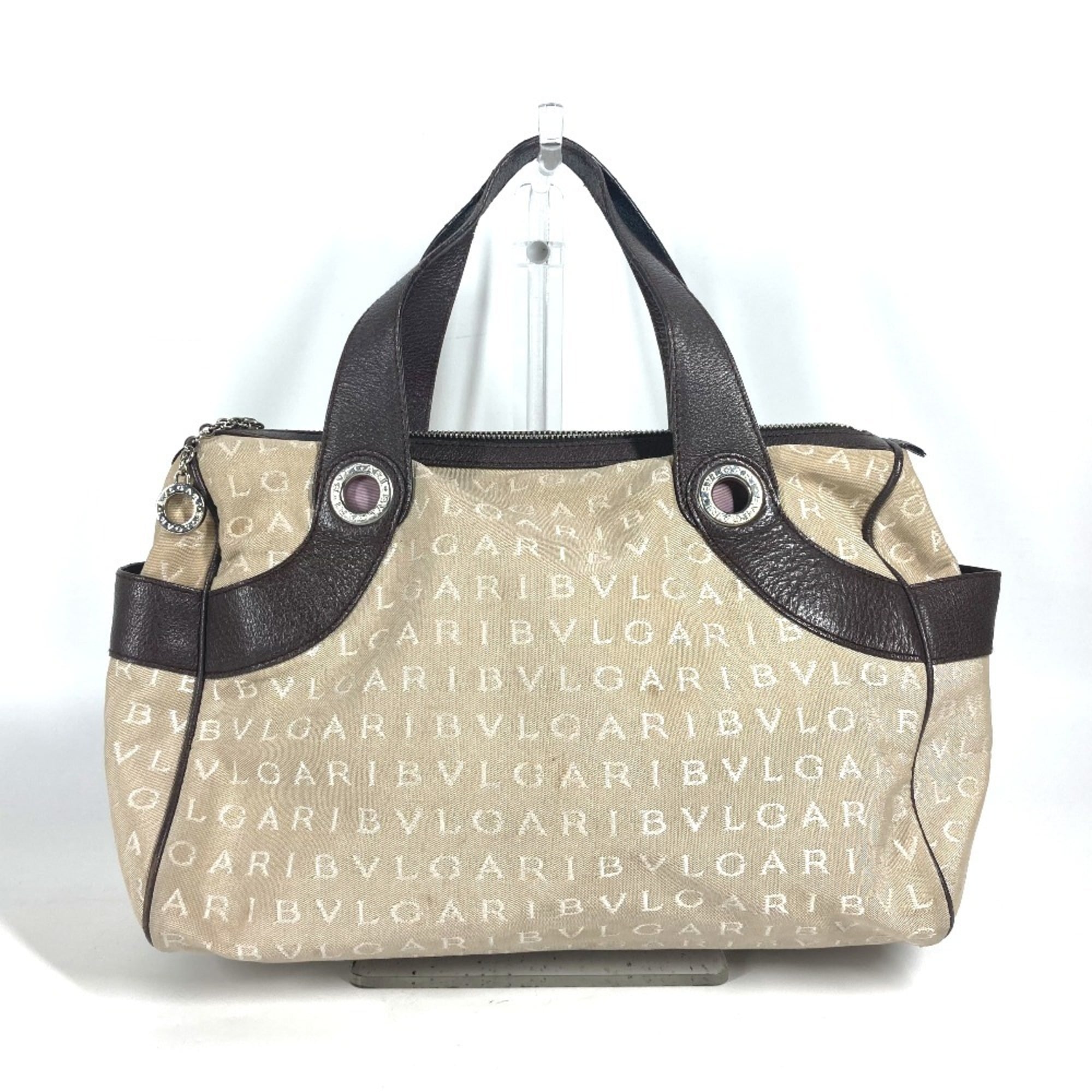 Bvlgari Beige Dark Brown Leather Canvas Boston Bag Shoulder Bag (Pre-Owned)