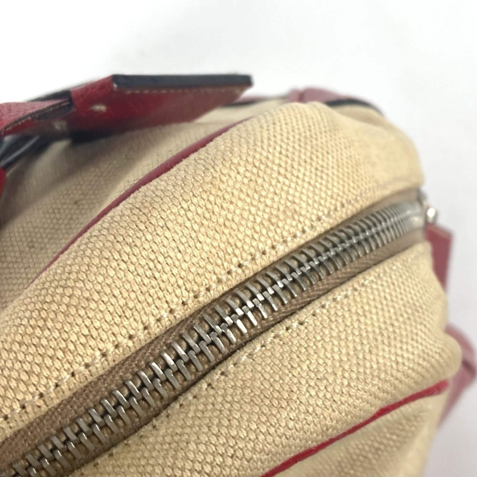 Prada Beige Red Color Leather Canvas Boston Bag Shoulder Bag (Pre-Owned)