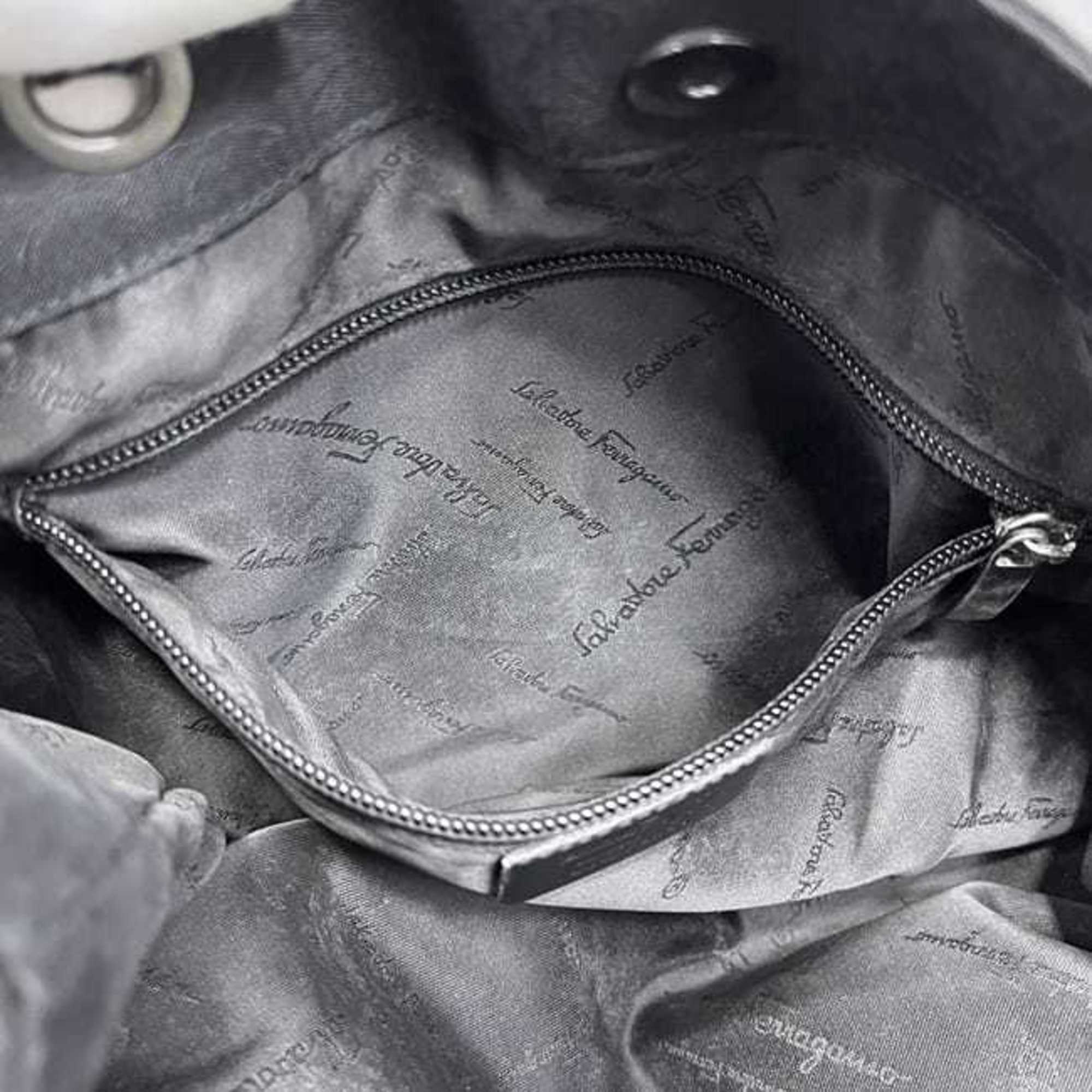 Salvatore Ferragamo Gancini Black Canvas Leather Tote Bag (Pre-Owned)