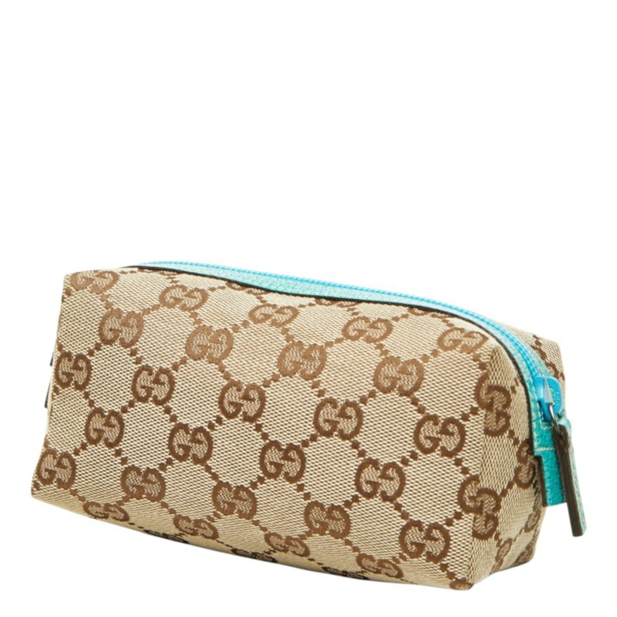 Gucci Beige Blue Canvas Leather Handbag Pouch (Pre-Owned)