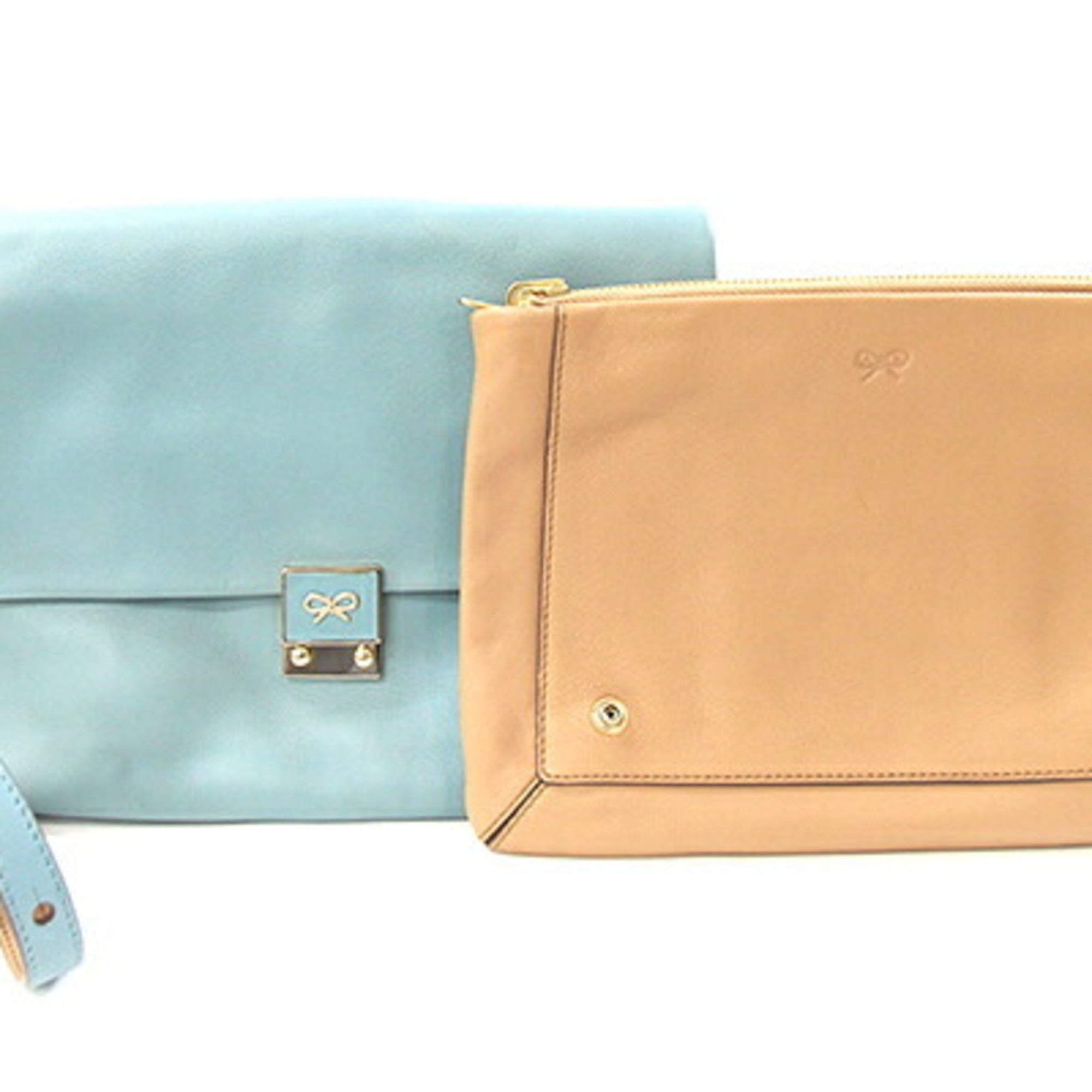 Anya Hindmarch Beige Light Blue Leather Pochette Shoulder Bag (Pre-Owned)