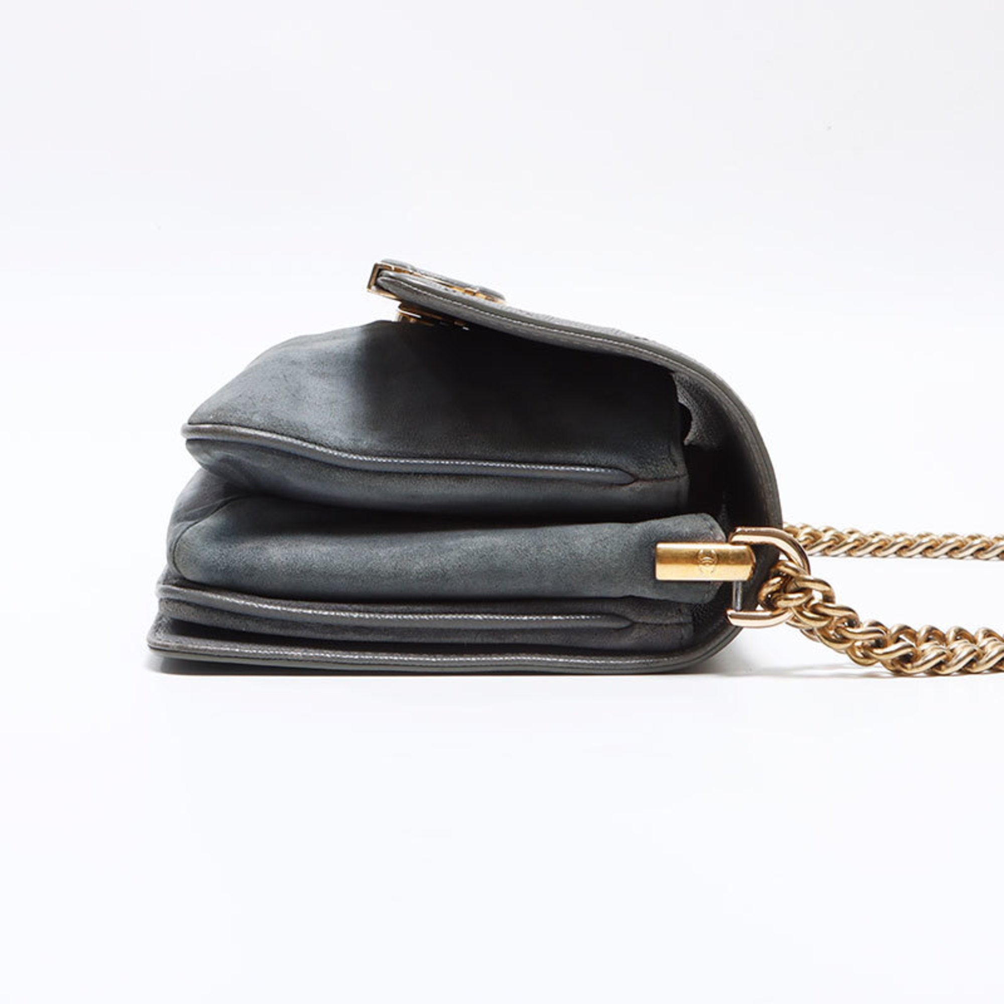 Chanel Gray Grained Calfskin Suede Shoulder Bag (Pre-Owned)