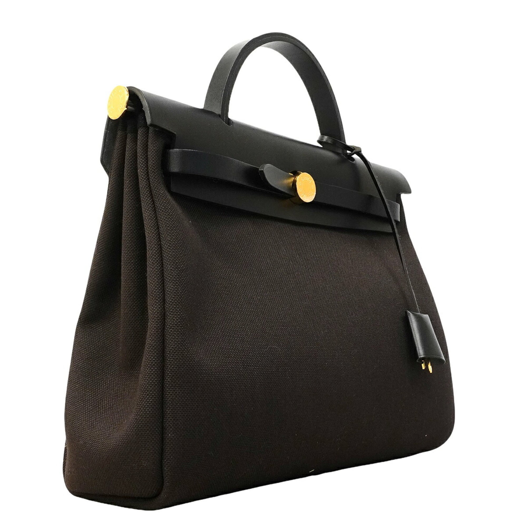 Hermes Black Brown Toile Officier Handbag (Pre-Owned)