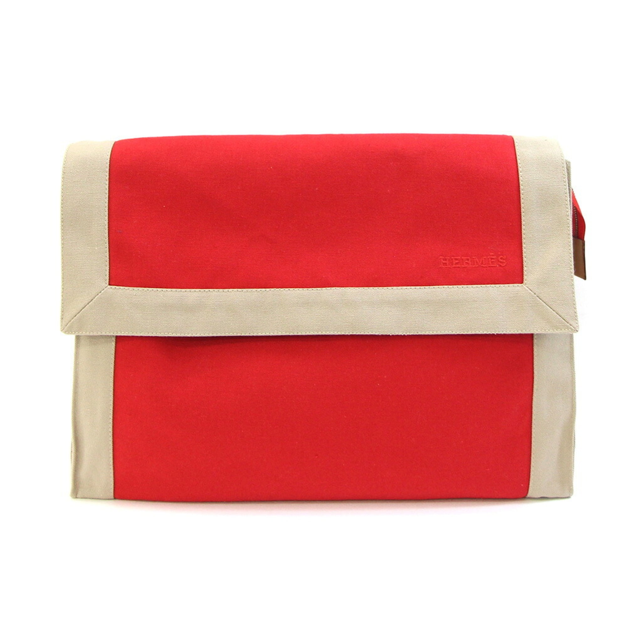 Hermes Beige Red Color Canvas Clutch Bag Pouch (Pre-Owned)