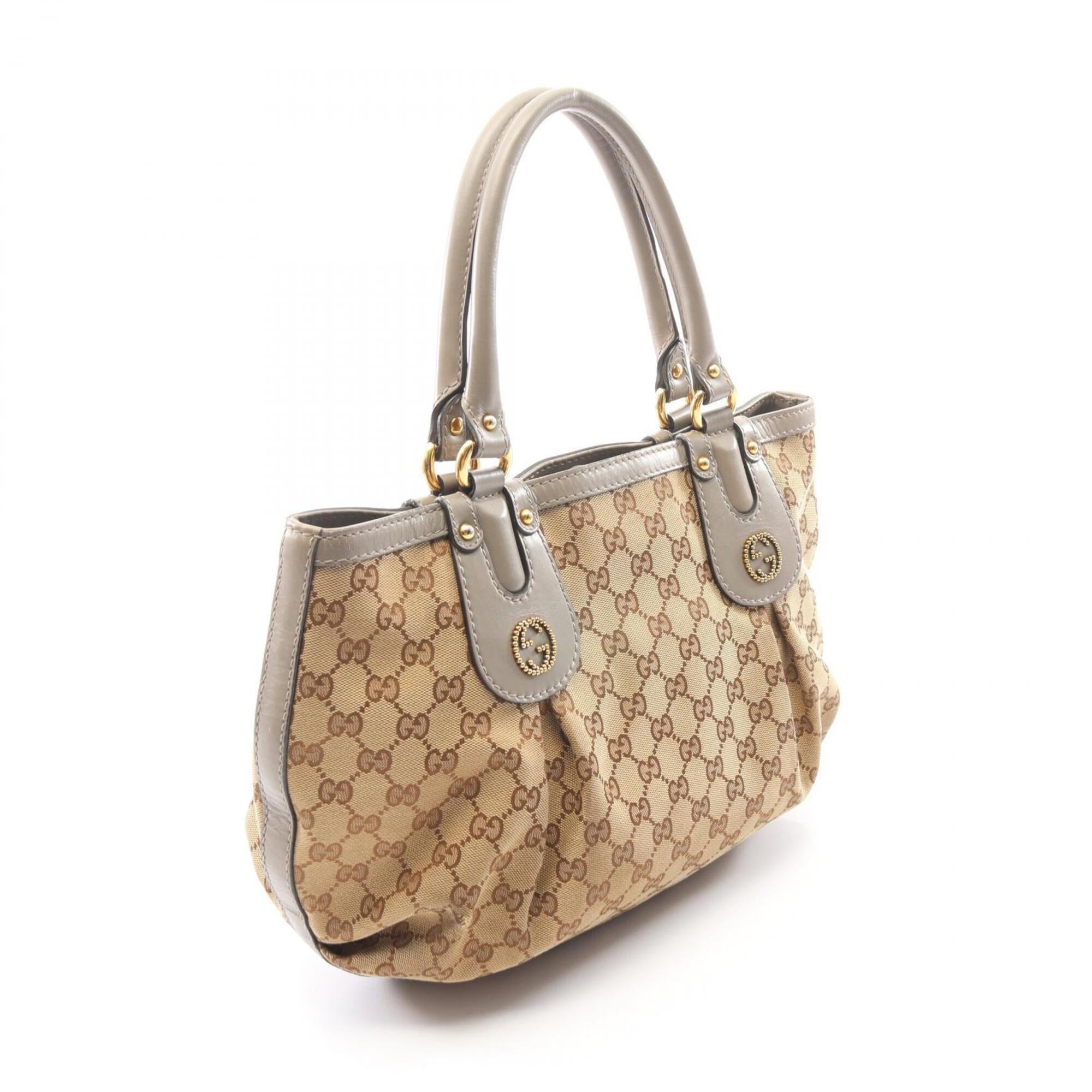 Gucci Beige Gray Canvas Leather Tote Bag (Pre-Owned)