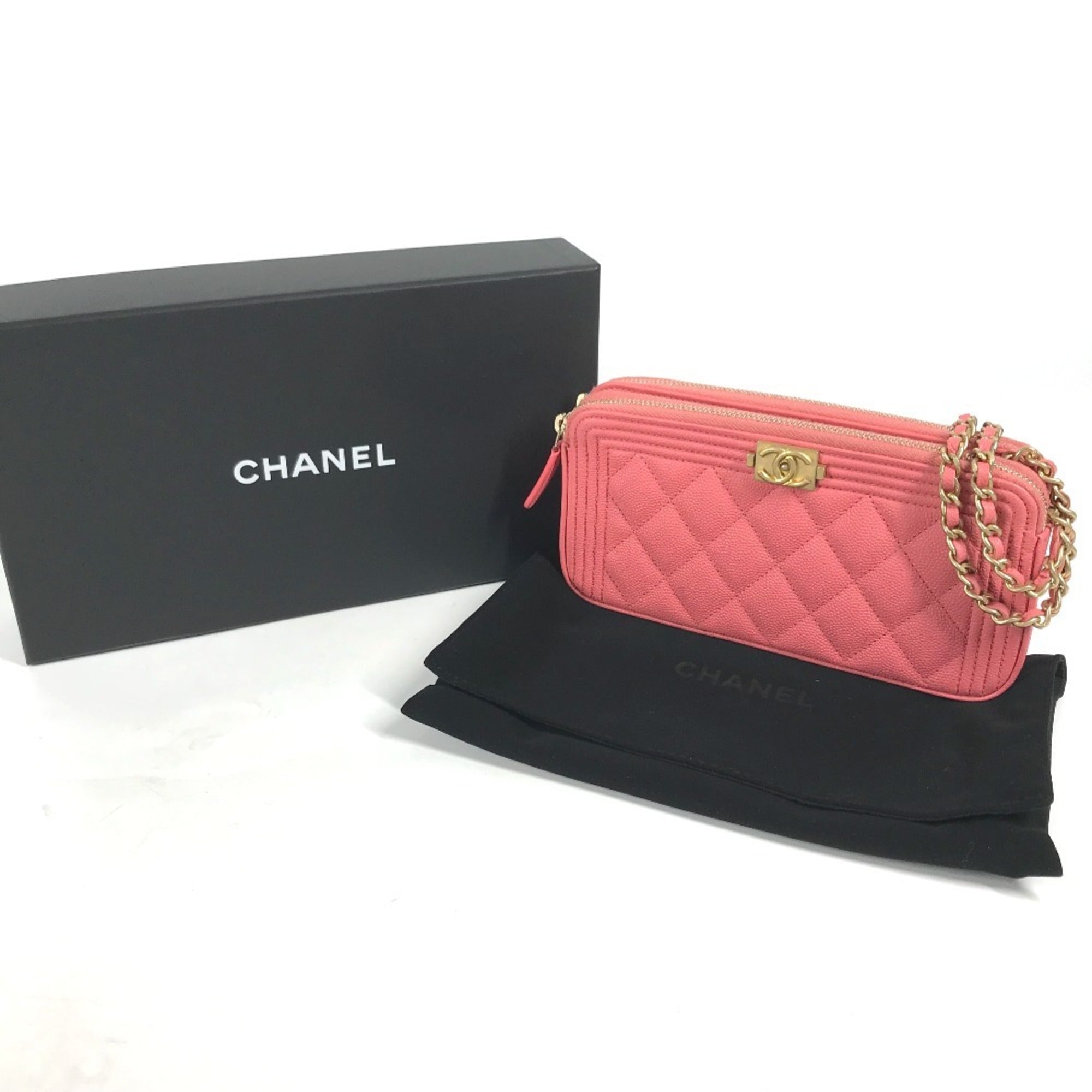 Chanel Boy Chanel Pink Grained Calfskin Chain/Shoulder Wallet (Pre-Owned)