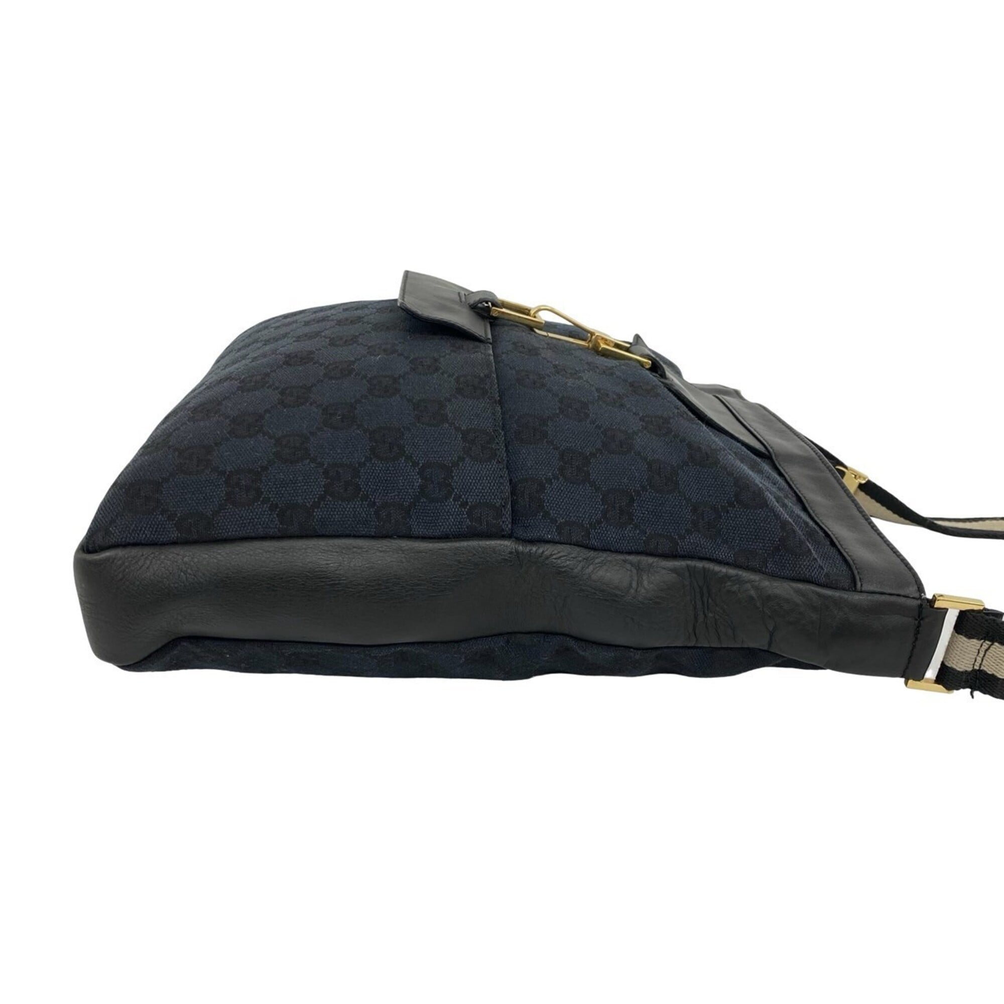 Gucci Black Navy Canvas Leather Shoulder Bag Tote Bag (Pre-Owned)