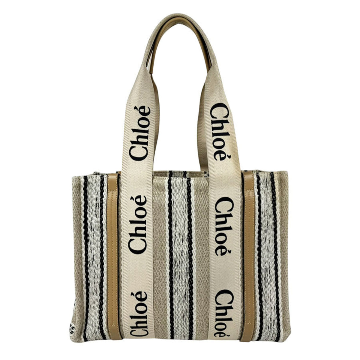 Chloé Beige Black Linen Tote Bag (Pre-Owned)