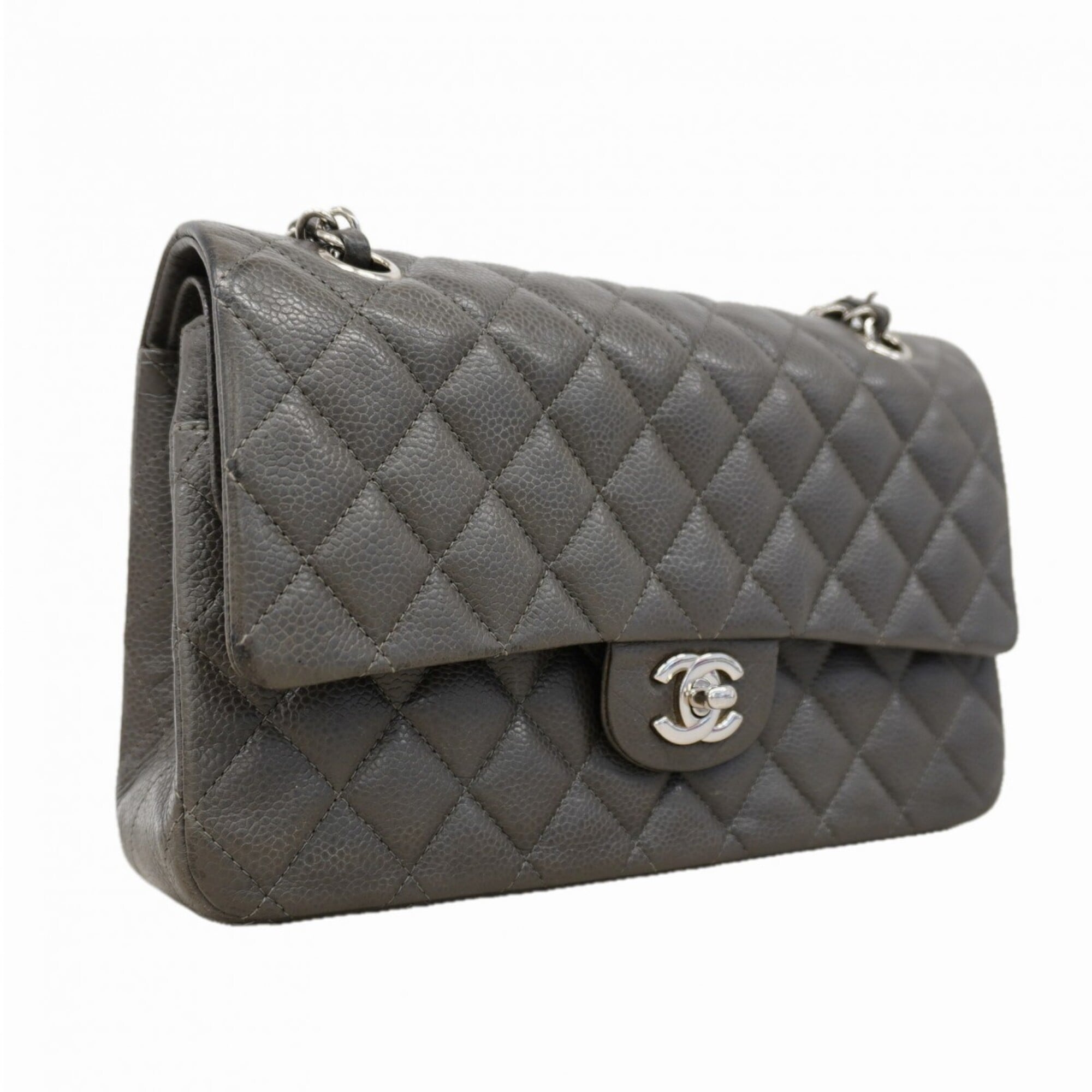 Chanel Gray Grained Calfskin Shoulder Bag (Pre-Owned)