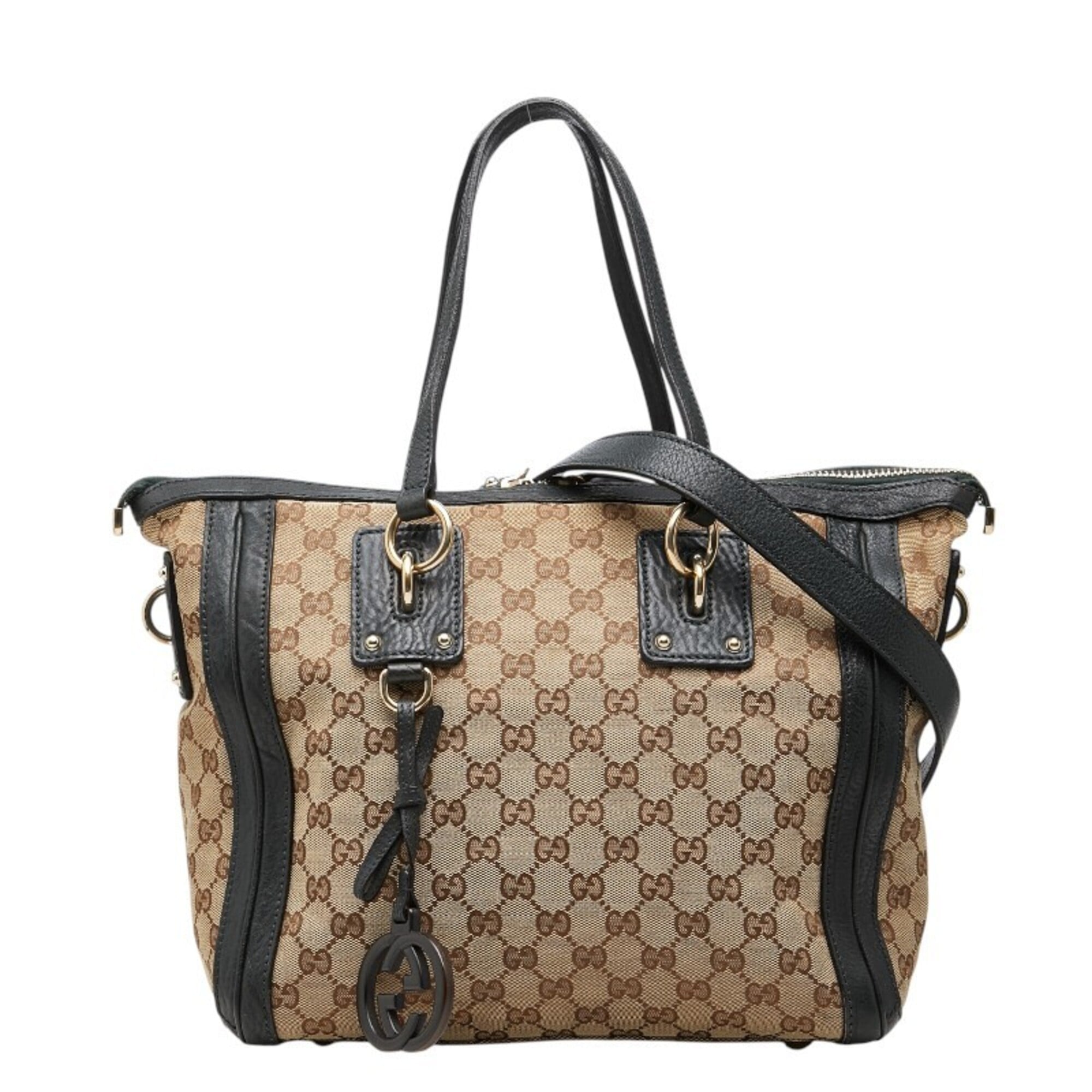 Gucci Beige Black Green Canvas Leather Shoulder Bag Tote Bag (Pre-Owned)
