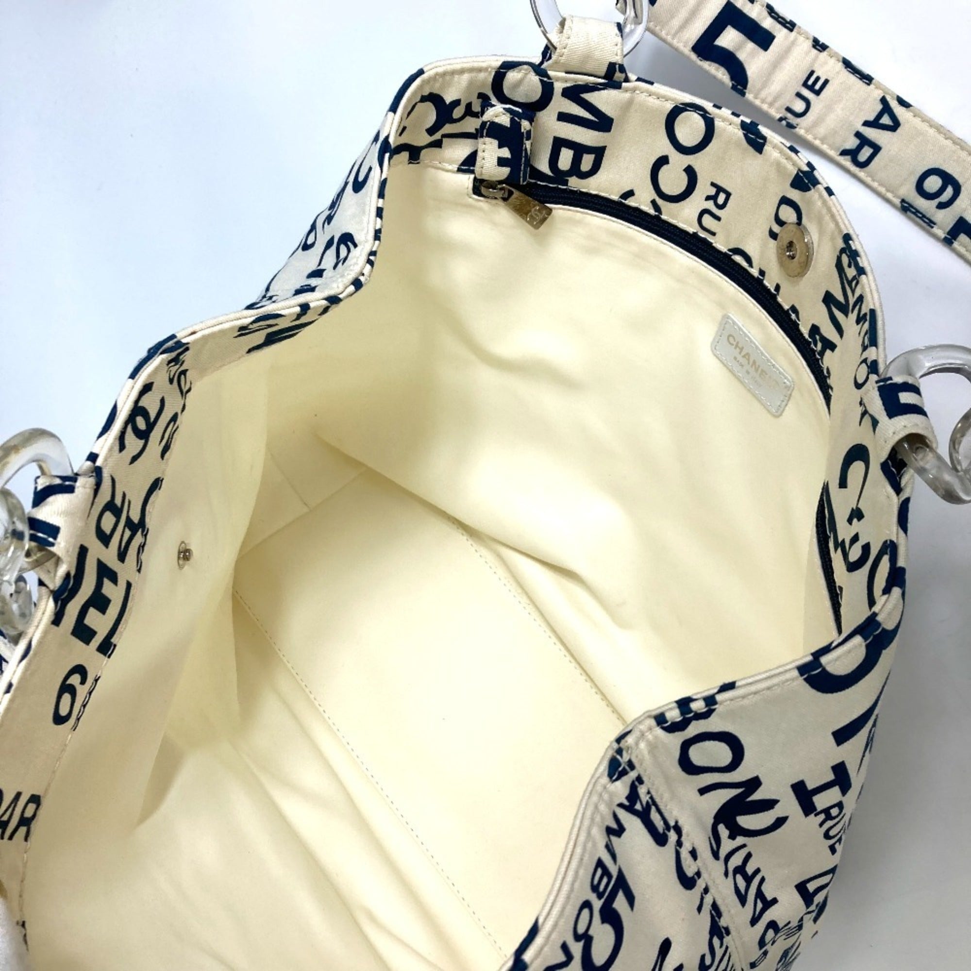 Chanel Navy White Canvas Shoulder Bag Tote Bag (Pre-Owned)