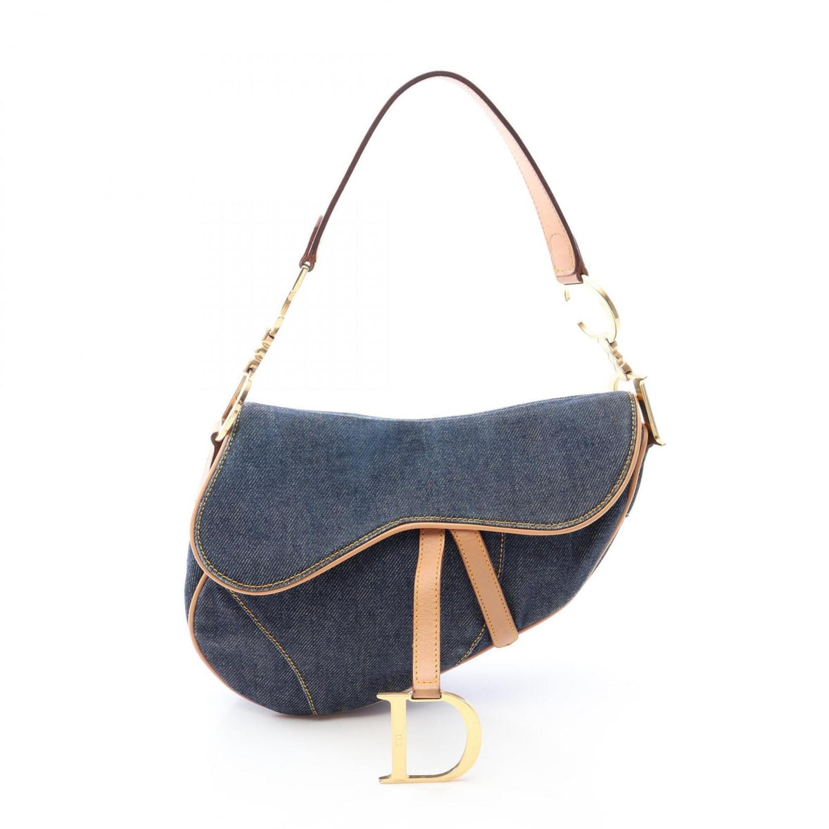 Christian Dior Brown Navy Denim Leather Handbag Saddle Bag (Pre-Owned)