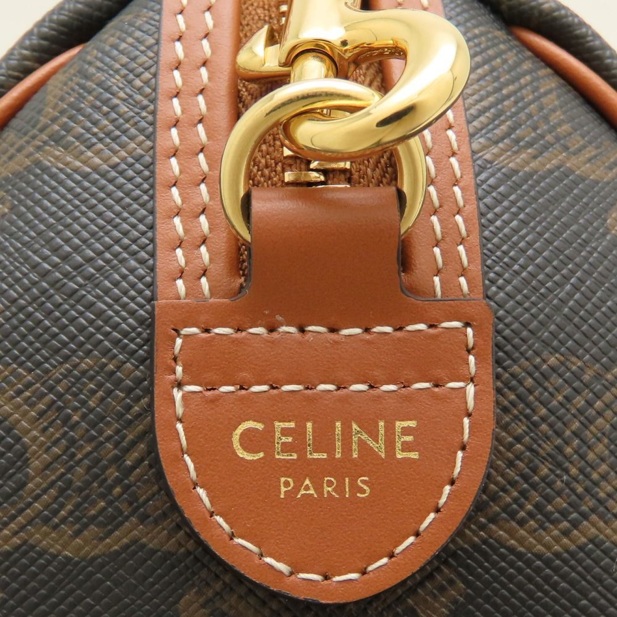 Celine Brown Leather Canvas Boston Bag Handbag (Pre-Owned)