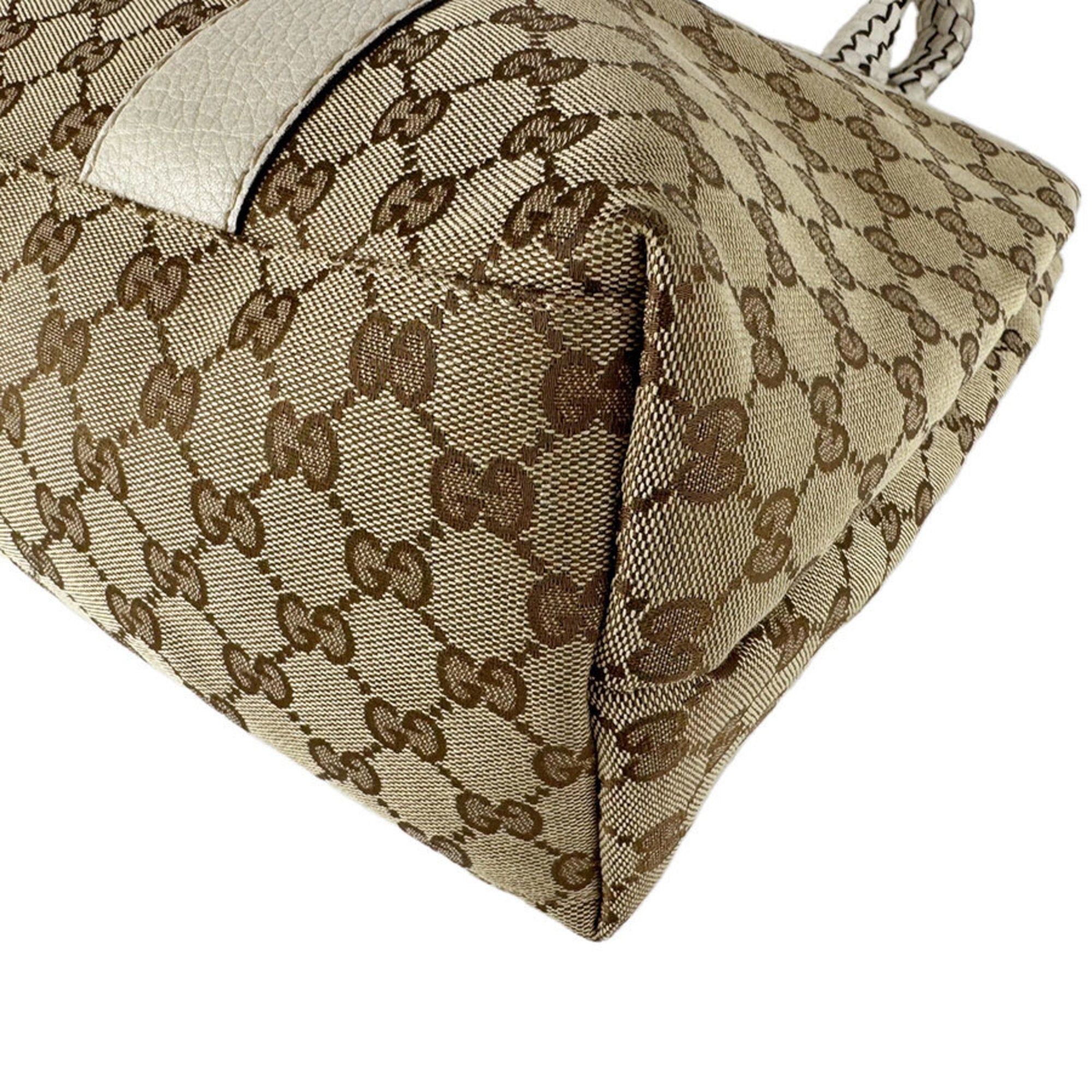 Gucci Beige Brown Ivory Gg Canvas Leather Tote Bag (Pre-Owned)