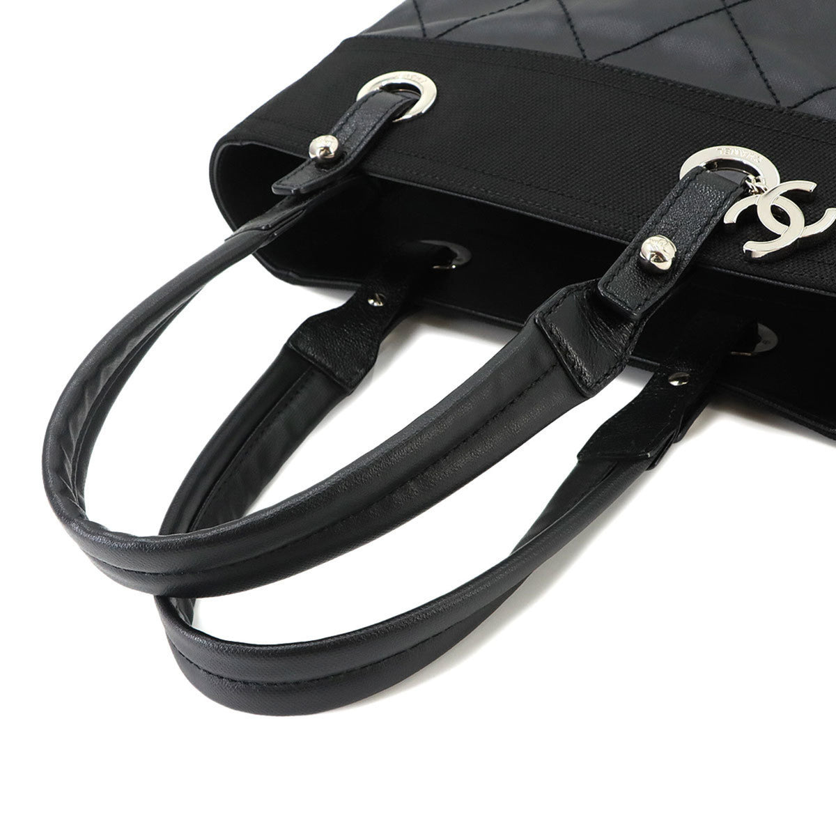 Chanel Paris Biarritz Black Nylon Pvc Leather Handbag Tote Bag (Pre-Owned)