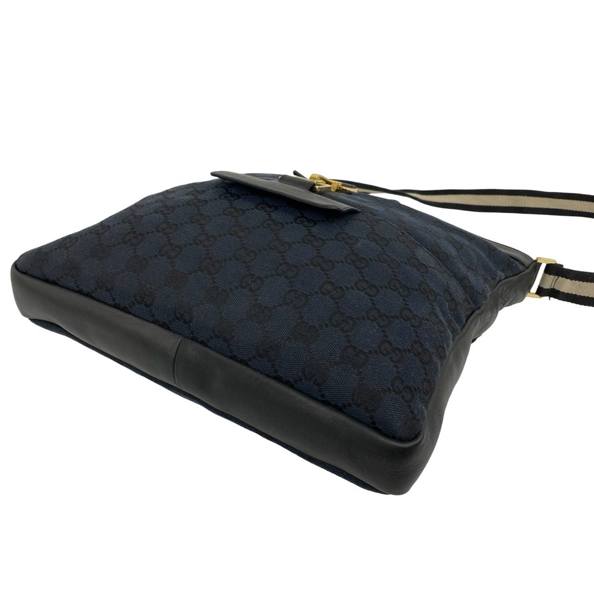 Gucci Black Navy Canvas Leather Shoulder Bag Tote Bag (Pre-Owned)