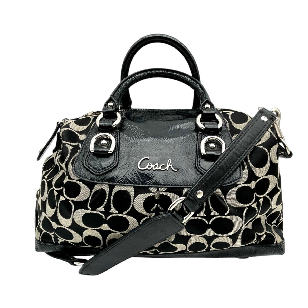 Coach Black Canvas Patent Leather Handbag Shoulder Bag (Pre-Owned)