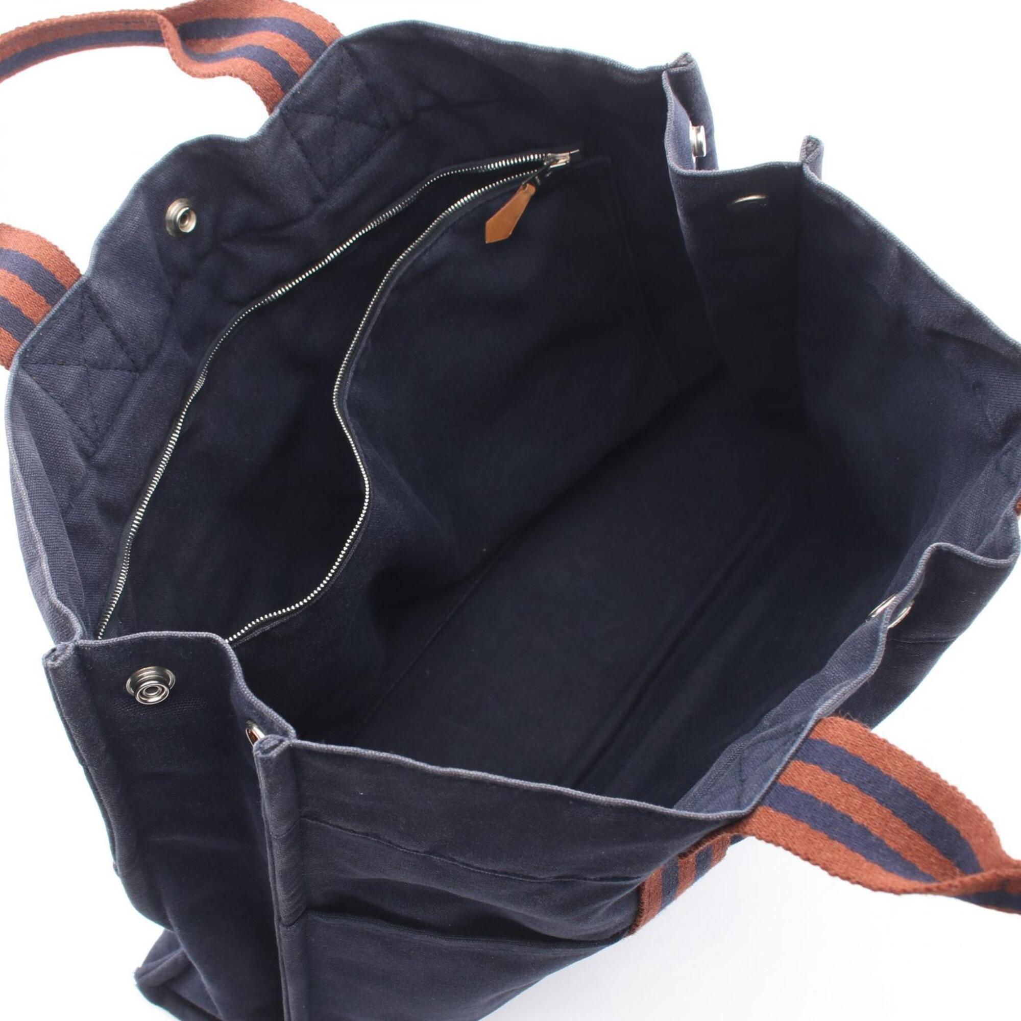 Hermes Brown Navy Canvas Handbag Tote Bag (Pre-Owned)